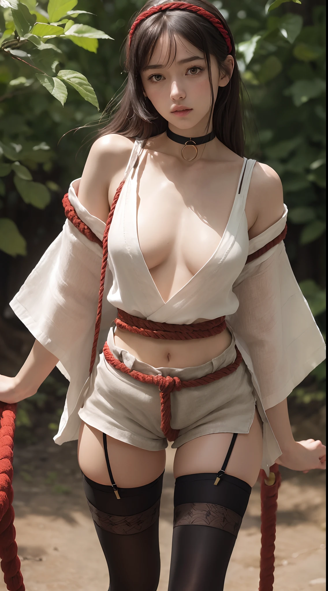 photorealistic, dynamic pose, low angle, ultra high details, 1girl, delicate face, innocent, pale skin, sakura headband, (long hair with full bangs):1.2, ((rope choker, rugged white kimono, huge rope belt, (rugged red linen short shorts with open sides), (black thigh highs)):1.2), panty visible, (small waist):1.3, ((wide thigh gap):1.2, (wide thighs):1.2), masterpiece