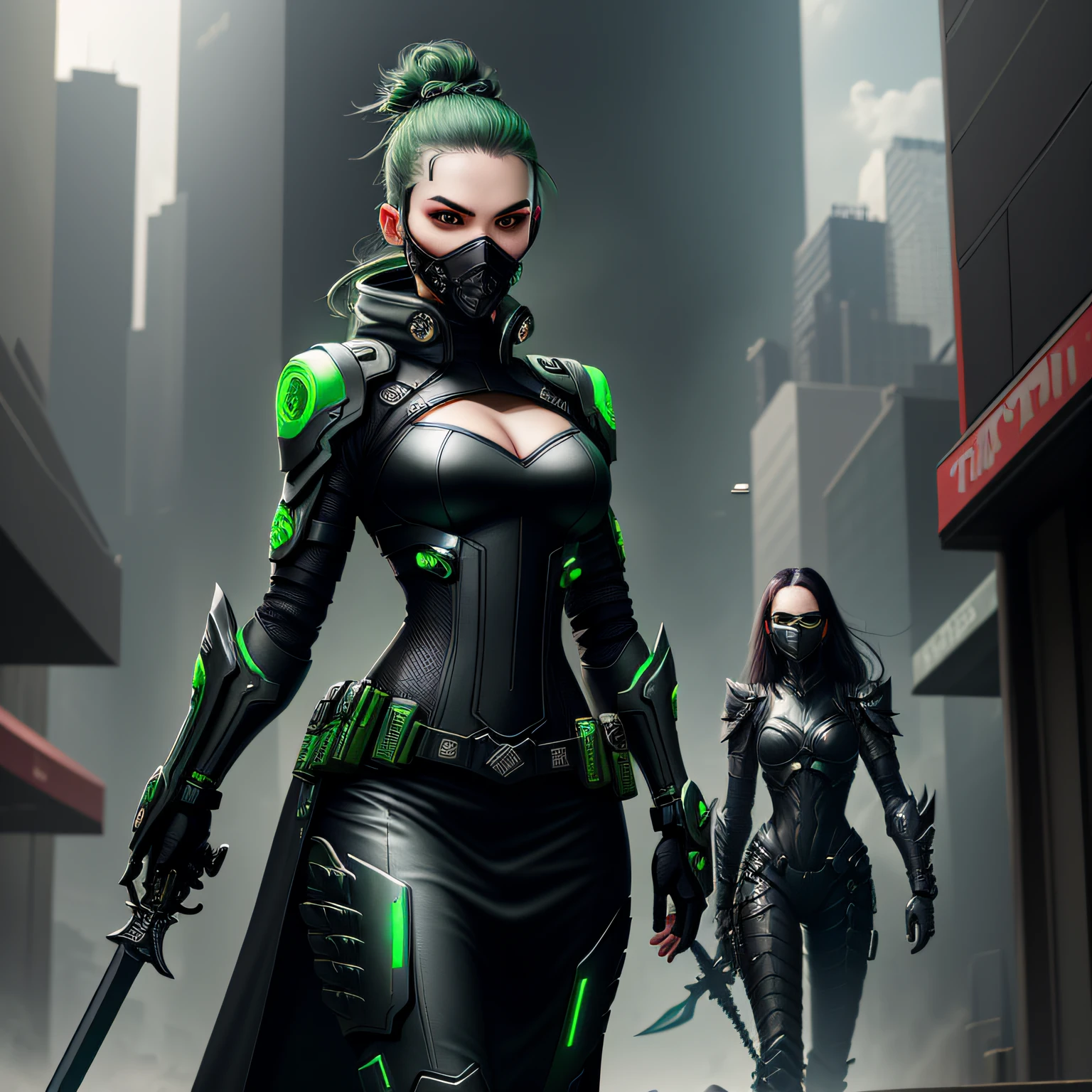 (best quality) (extra high definition) women viper smoke with mask, dark style, black titanium armor green details, looking at you, sword in hand, cyberpunk city