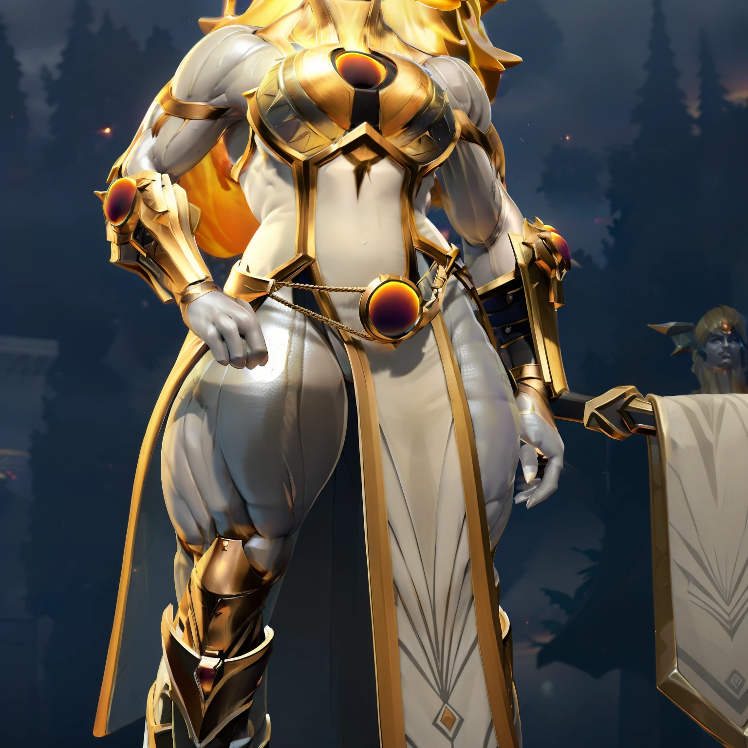 Dawnbreaker (Dota), glowing hair, yellow eyes, glowing eyes, colored skin, grey skin, 1girl, armor, blonde hair, glowing hair, long hair, fantasy goddess, glowing angelic being, curvy body, huge breasts, long robe, long dress, holy, breastplate, muscular, perfect anatomy, better hands