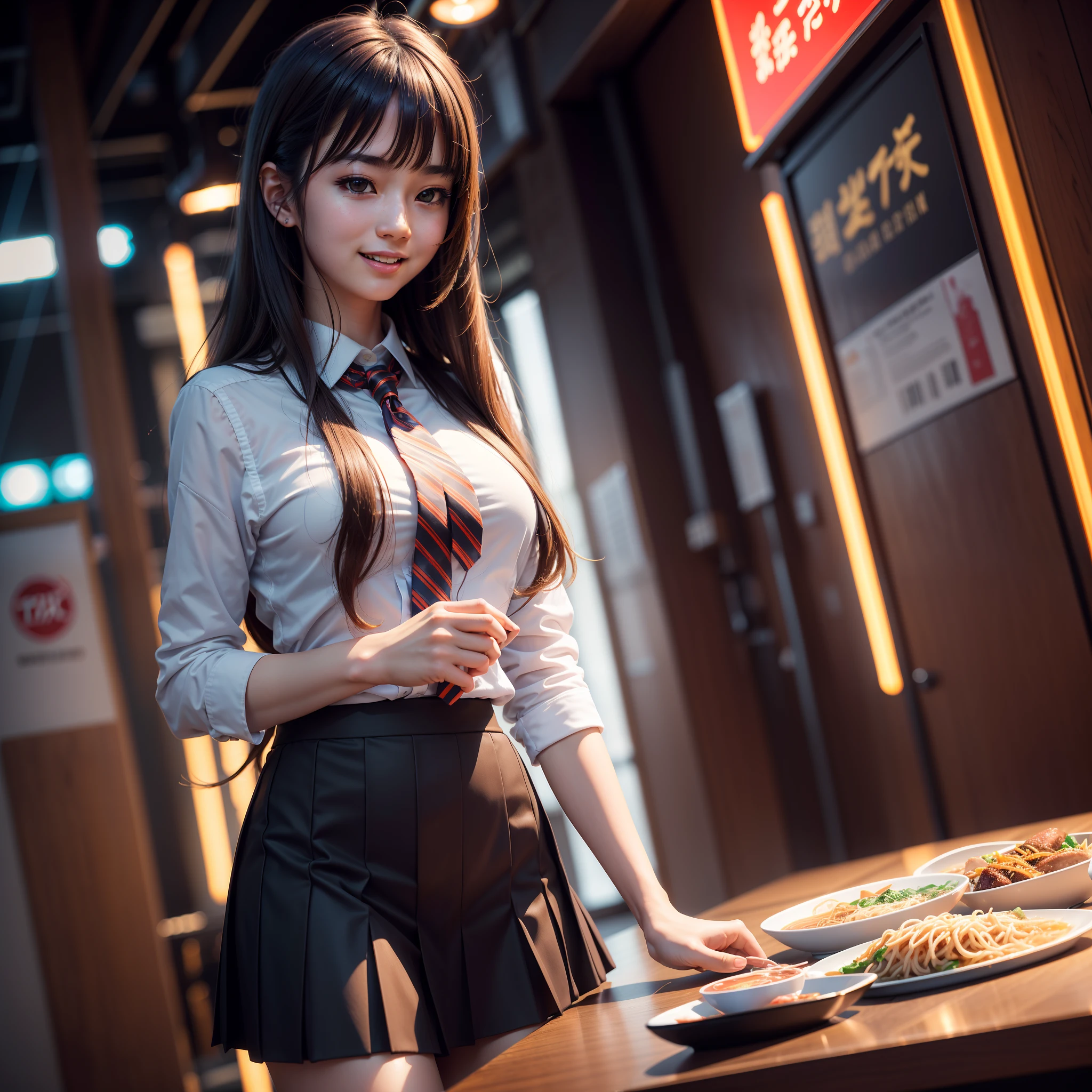 (masterpiece), best quality, ultra high res, close up, slim body, 1girl,school uniform, long hair, laughing, ramen, night, Tokyo restaurant background, colorful lights, photon mapping, radiosity, physically-based rendering, cinematic lighting, intricate, High Detail, Sharp focus, dramatic, photorealistic