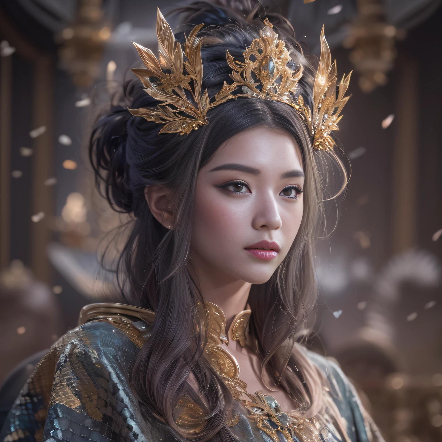 32k（tmasterpiece，k hd，hyper HD，32k）short detailed hair，Gold jewelry area in the back room，Flame Girl ，Yao Lang protector （realisticlying：1.4），Python pattern robe，Purple-pink tiara，Snowflakes fluttering，The background is pure，Hold your head high，Be proud，The nostrils look at people， A high resolution， the detail， RAW photogr， Sharp Re， Nikon D850 Film Stock Photo by Jefferies Lee 4 Kodak Portra 400 Camera F1.6 shots, Rich colors, ultra-realistic vivid textures, Dramatic lighting, Unreal Engine Art Station Trend, cinestir 800，Hold your head high，Be proud，The nostrils look at people