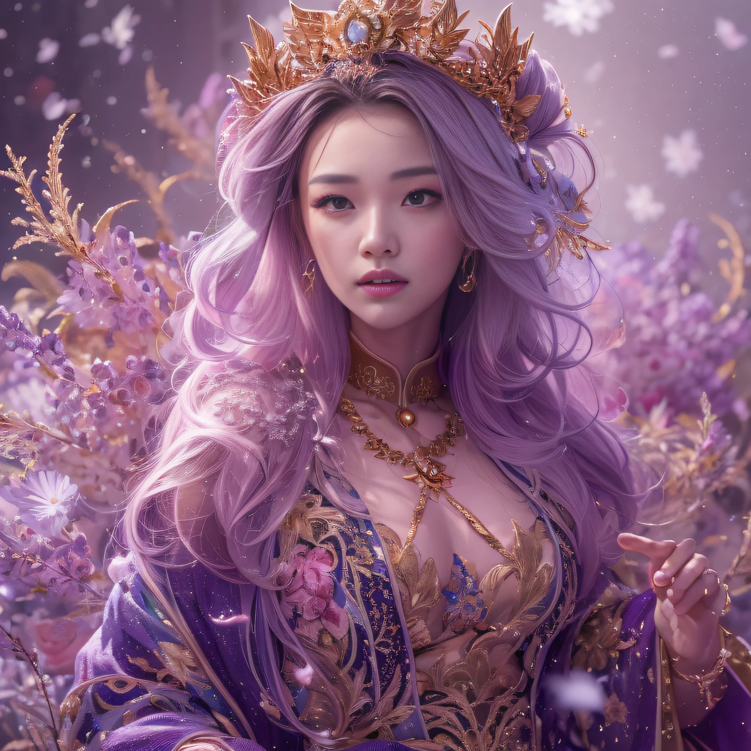 32k(tmasterpiece,k hd,hyper HD,32k)short detailed hair,Gold jewelry area in the back room,Flame Girl ,Yao Lang protector (realisticlying:1.4),Python pattern robe,Purple-pink tiara,Snowflakes fluttering,The background is pure,Hold your head high,Be proud,The nostrils look at people, A high resolution, the detail, RAW photogr, Sharp Re, Nikon D850 Film Stock Photo by Jefferies Lee 4 Kodak Portra 400 Camera F1.6 shots, Rich colors, ultra-realistic vivid textures, Dramatic lighting, Unreal Engine Art Station Trend, cinestir 800,Hold your head high,Be proud,The nostrils look at people