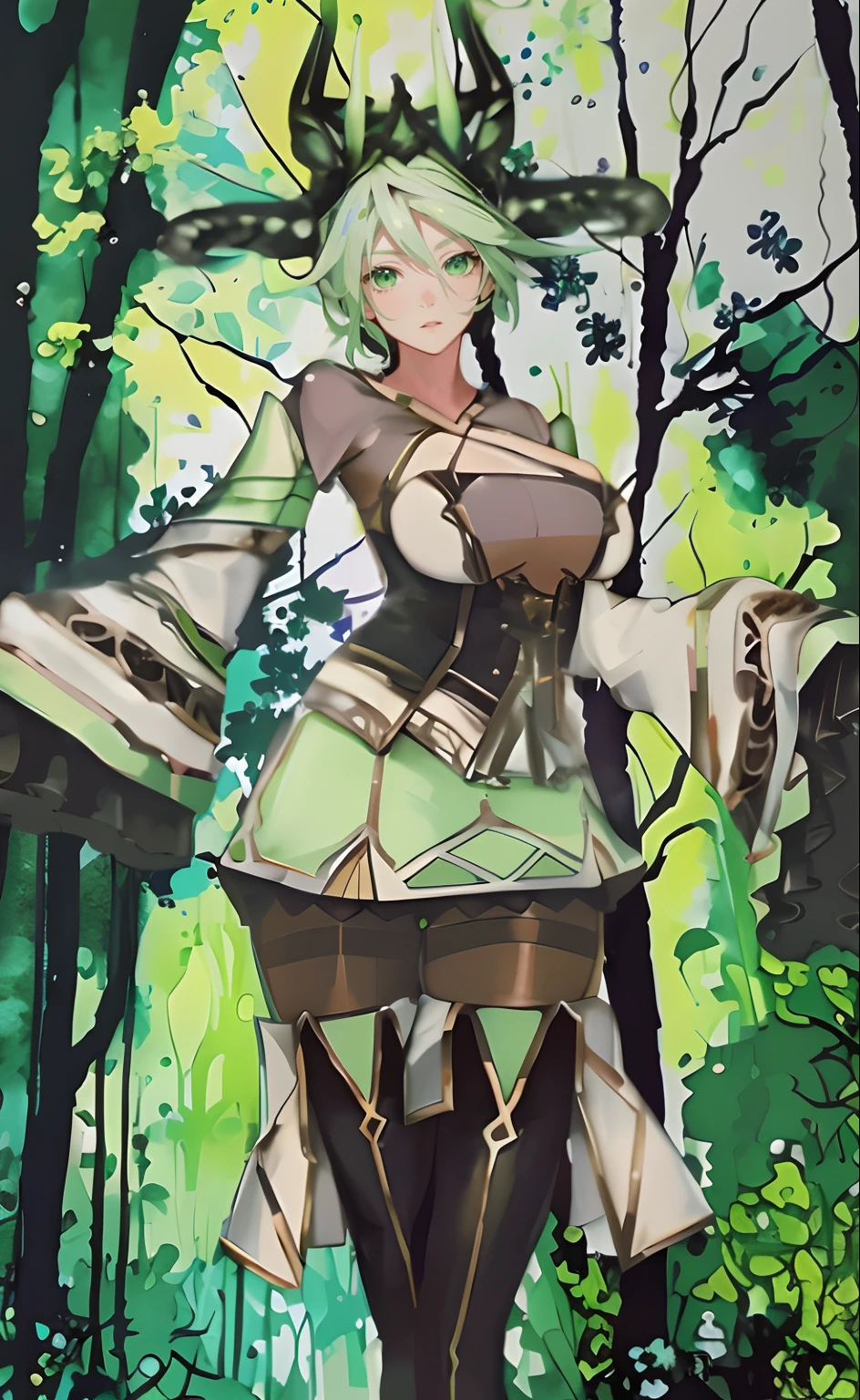 tmasterpiece，HighestQuali，Anime girl in the forest，Wearing a green dress and crown, The expression is serious，Green eyes，concept art inspired by Li Chevalier, pixiv contest winner, Fantasy art, forest hunter lady, forest soul, fey queen of the summer forest, female forest archer, goddess of the forest,