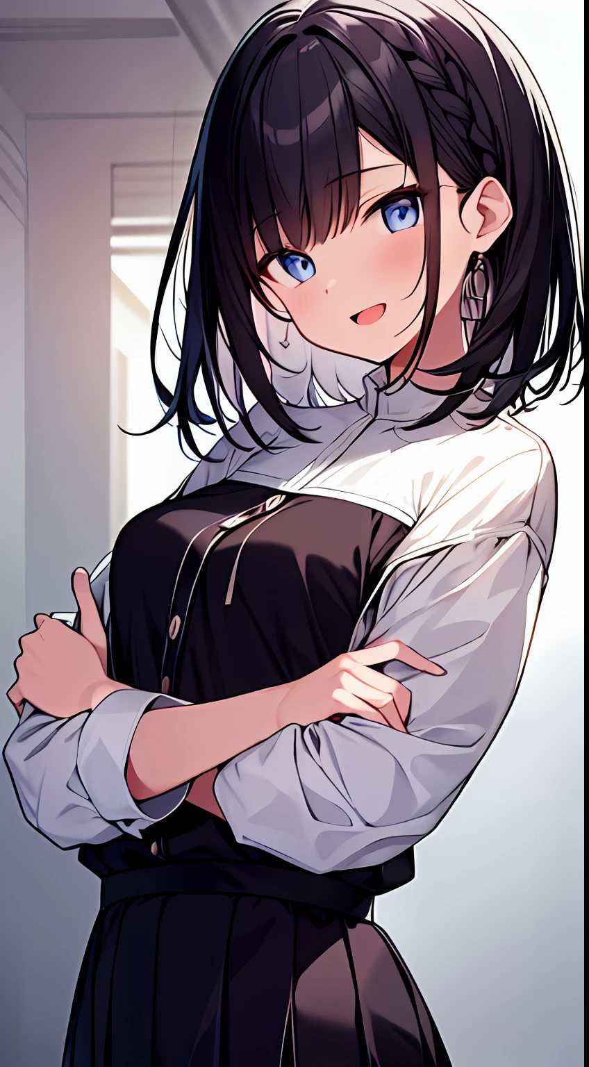 masutepiece, Best Quality,Illustration, Wallpaper, Ultra Detail, 1girl in,Solo,Beautiful detailed eyes,Very thick contour lines、Medium Short-Cut Hair、Short, Braided hair、(student clothes)、Dark hair color、Open mouth and big smile、Kamimei、Angle from which you can see the whole body、Overlooking angle:1.2、small head、ample breasts