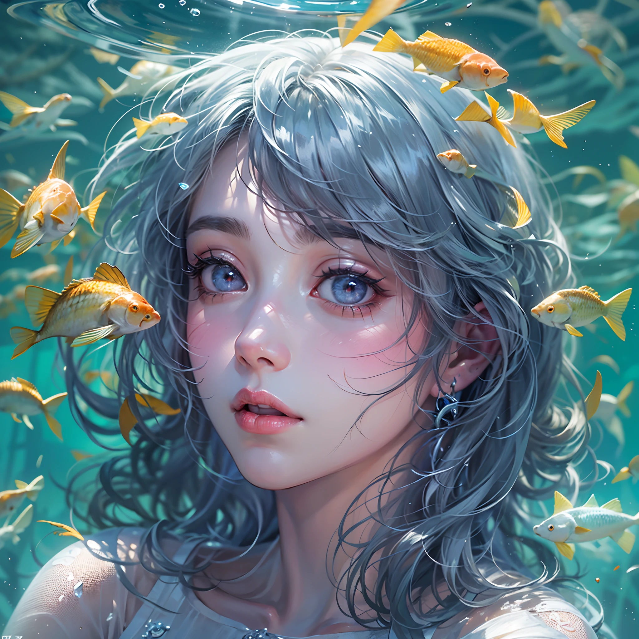 Best quality, Masterpiece, (Realistic:1.2), 1 girl, Detailed face, Beautiful eyes, [(Transparent background:1.5)::5],(((Masterpiece))),(((Best quality))),(((Extremely detailed))),illustration, 1girll,Solo,mysterious,vivd colour, Shiny, Underwater transparent sealed hemispherical glass dome, (White hair),(Purple eyes), full bodyesbian, Barefoot, Long hair tranquility nature, Koi, Underwater, Dome, Close up, Dynamic actions, Lens perspective,(((Box composition))),sitting cross-legged，Leaning against the bookshelf, voluminetric lighting, multi colored eyes, Detailed eyes, ultra - detailed, Light smile, Highly detailed, Beautiful, small detailed, Ultra detailed, Best quality, Intricate, 4K, 8K, trending on art station, Good anatomy, Beautiful lighting, Award-winning,