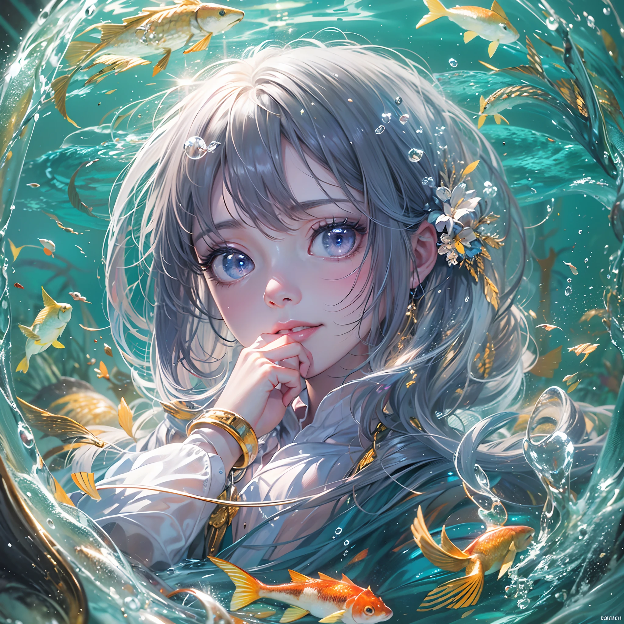 Best quality, Masterpiece, (Realistic:1.2), 1 girl, Detailed face, Beautiful eyes, [(Transparent background:1.5)::5],(((Masterpiece))),(((Best quality))),(((Extremely detailed))),illustration, 1girll,Solo,mysterious,vivd colour, Shiny, Underwater transparent sealed hemispherical glass dome, (White hair),(Purple eyes), full bodyesbian, Barefoot, Long hair tranquility nature, Koi, Underwater, Dome, Close up, Dynamic actions, Lens perspective,(((Box composition))),sitting cross-legged，Leaning against the bookshelf, voluminetric lighting, multi colored eyes, Detailed eyes, ultra - detailed, Light smile, Highly detailed, Beautiful, small detailed, Ultra detailed, Best quality, Intricate, 4K, 8K, trending on art station, Good anatomy, Beautiful lighting, Award-winning,
