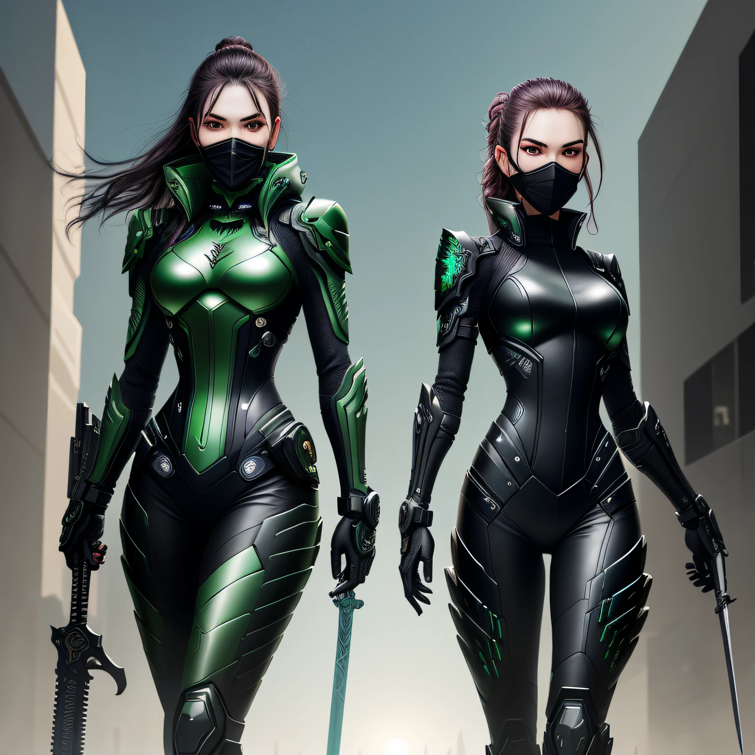 (best quality) (extra high definition) women viper with mask, dark style, black titanium armor green details, looking at you, sword in hand, cyberpunk city