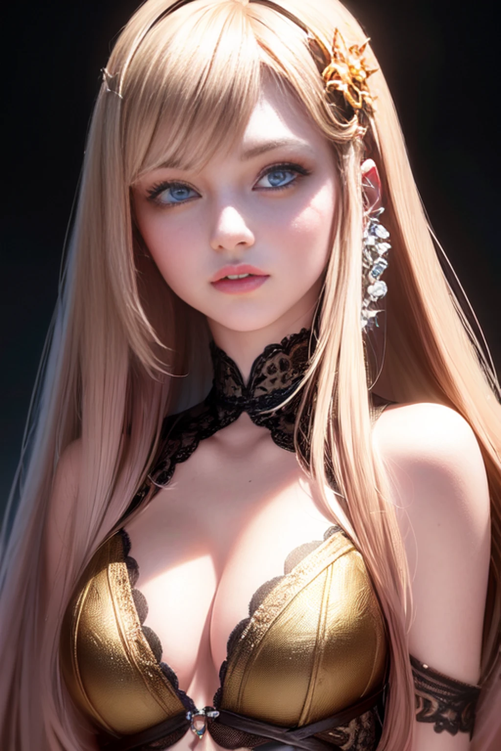 (front focus),(in the dark:1.6), (masterpiece:1.3), (8k, photorealistic, RAW photo, best quality: 1.4), (fantasy art, photo realistic, dynamic lighting, artstation, poster, volumetric lighting), (1girl, 14 years old), beautiful face, (realistic face), ((Long Hair, Hair Ornament, Lips, Hair Clip, Solo, Blue Eyes, Nose):1.3), beautiful hairstyle, realistic eyes, beautiful detailed eyes, (realistic skin), beautiful skin, (Light pink underwear), absurdres, attractive, ultra high res, ultra realistic, highly detailed, golden ratio,A faint smile that feels love,