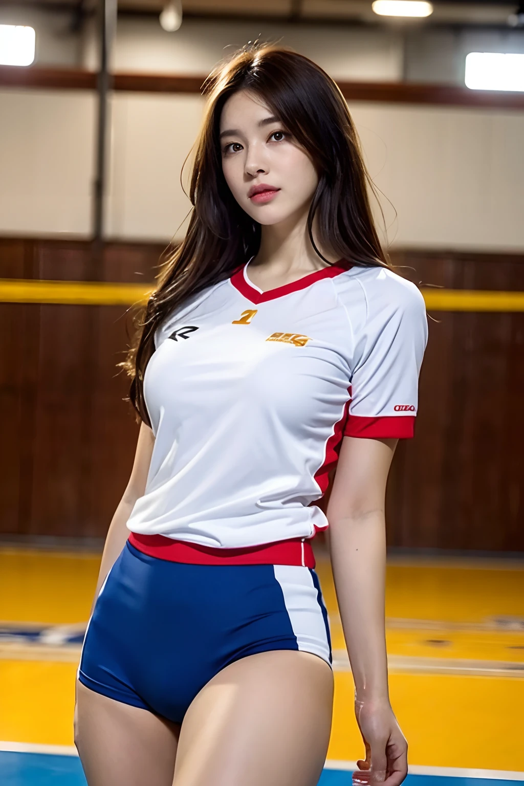 (Photoreal: 1.4), (超Photoreal: 1.4), (Realistic: 1.3), (Smooth lighting: 1.05), (Improved cinematic lighting: 0.9), 32K, 1 girl, 20 year old girl, Realistic lighting, Backlight, Face Light, raytrace, (Whitening light: 1.2), (Image enhancement: 1.4), ( Top quality real skins: 1.4), Narrow eyes, Fine face, Narrow Eye D Line Mood Up: 1.1), Oversized breasts, Big, (Skin Texture Enhancement Beauty: 1.1),Volleyball uniform:1.4, Indoor_Volleyball_court_Background:1.4, thighs thighs thighs thighs, Protruding , Crotch