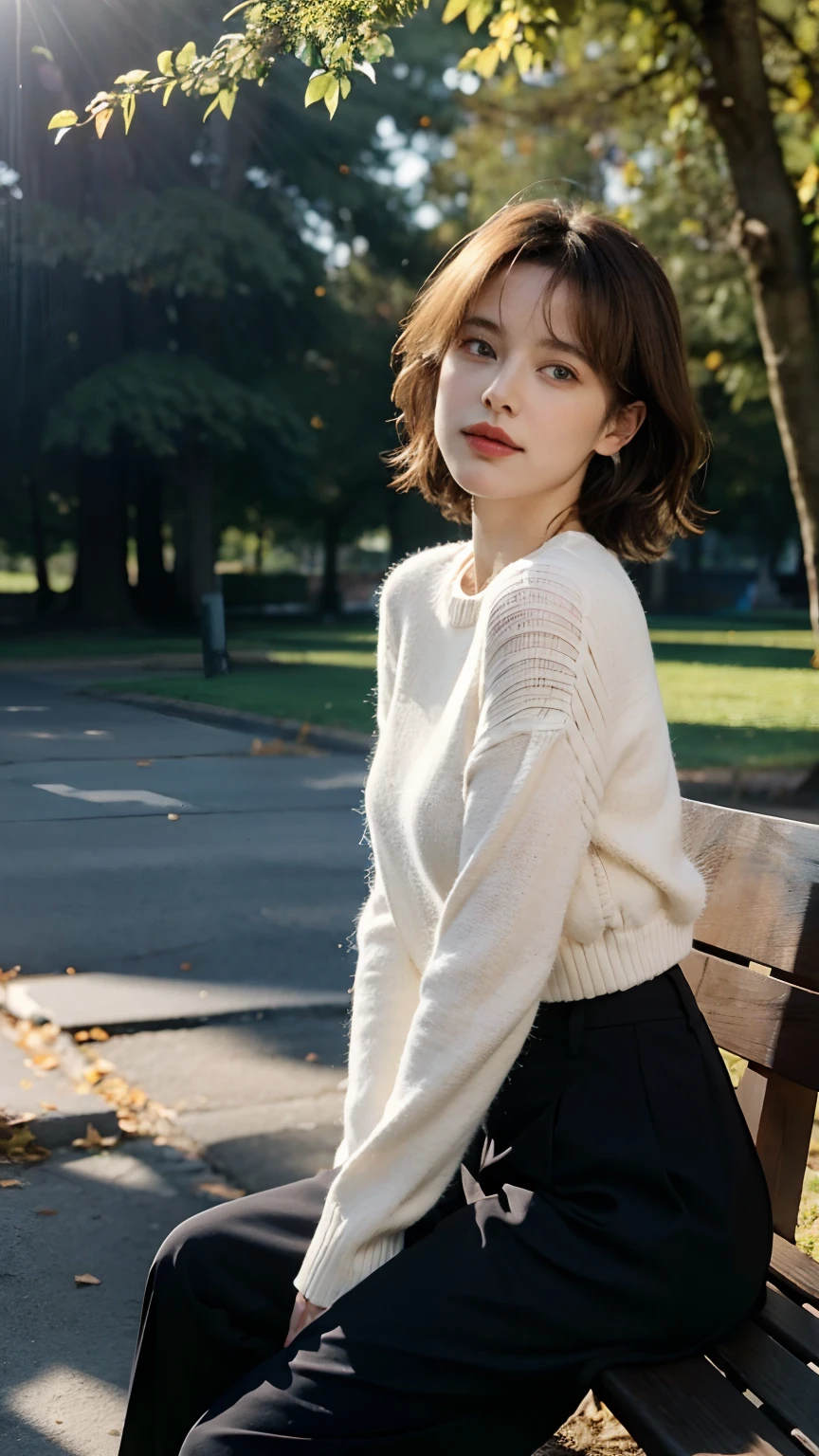 Beautiful and elegant French girl,Twenty-two years old, Actress Sophie Marceau，（This face looks like Sophie Marceau），Short golden-brown hair，A shallow smile,（Blue affectionate eyes）,（Very detailed and perfect facial depiction）,Sit sideways on a park bench，Side view，Look back at the audience affectionately，A hint of melancholy，Milky white sweater，Black Capri pants，Trees in late autumn，Foliage，The setting sun shines obliquely，Autumn tones,(A variety of flowers:1.1),（light and shadow effect），（Light particle tracing），（vivd colour）,（Obvious layers）,（Photography Award）,（8k wallpaper）,（Masterpiece）,（best qualtiy）, photorealestic，realisticlying