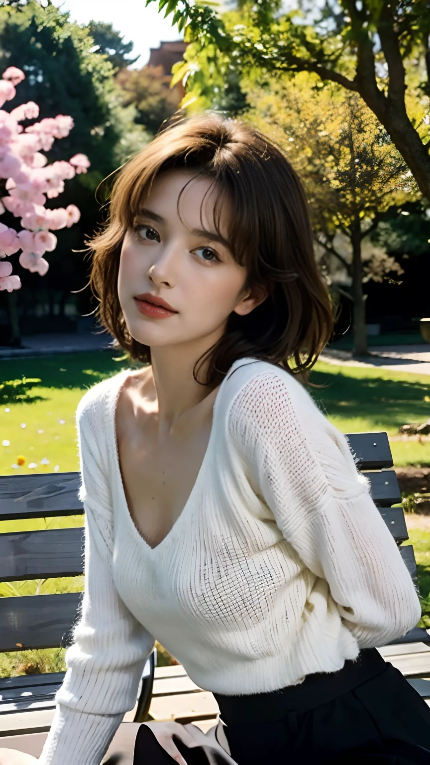 Beautiful and elegant French girl,Twenty-two years old, Actress Sophie Marceau,(This face looks like Sophie Marceau),Short golden-brown hair,A shallow smile,(Blue affectionate eyes),(Very detailed and perfect facial depiction),Sit sideways on a park bench,Side view,Look back at the audience affectionately,A hint of melancholy,Milky white sweater,Black Capri pants,Trees in late autumn,Foliage,The setting sun shines obliquely,Autumn tones,(A variety of flowers:1.1),(light and shadow effect),(Light particle tracing),(vivd colour),(Obvious layers),(Photography Award),(8k wallpaper),(Masterpiece),(best qualtiy), photorealestic,realisticlying
