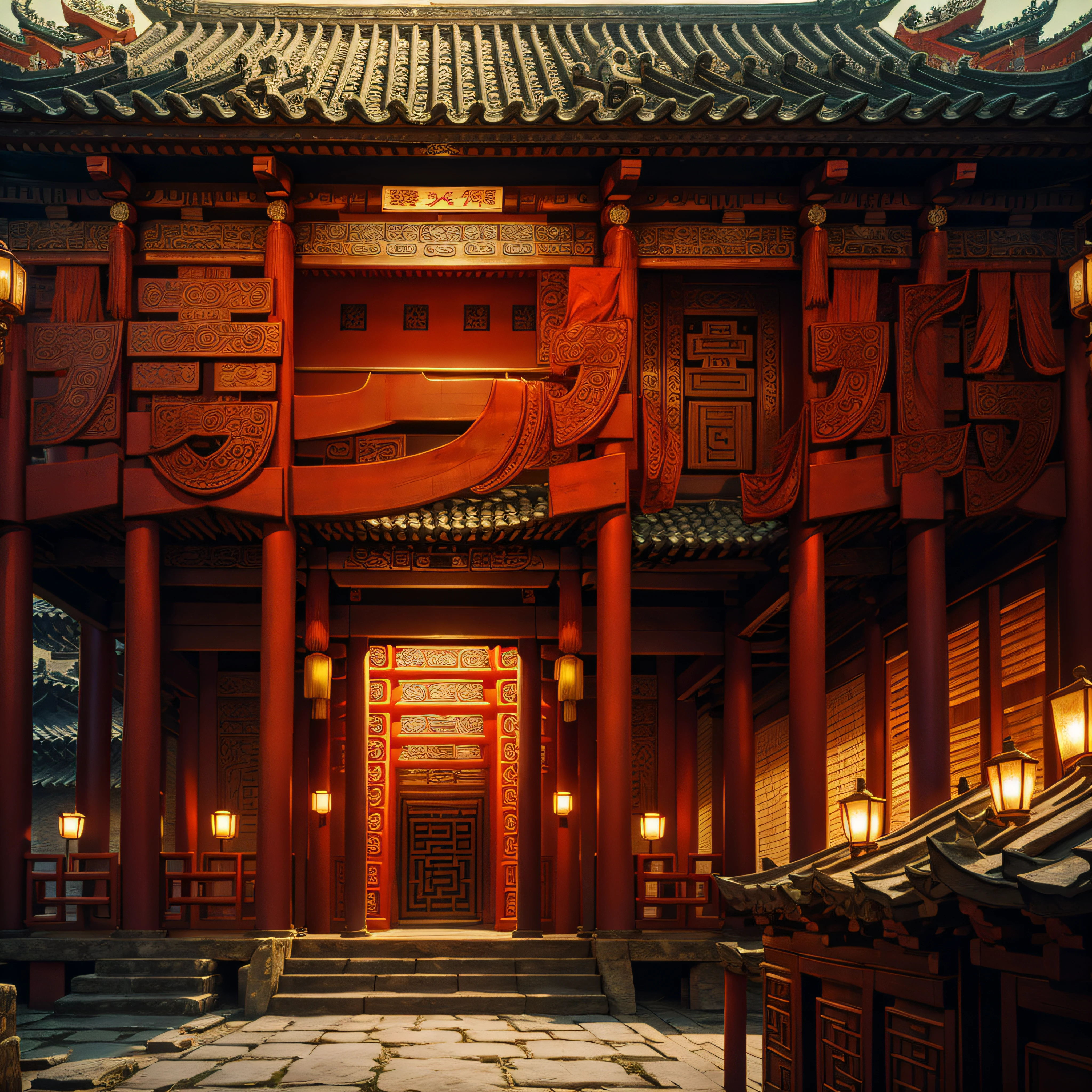 Silk is wrapped around the beams,red colour,totem,Chinese architectural motifs,tmasterpiece,Best quality,ultra - detailed。