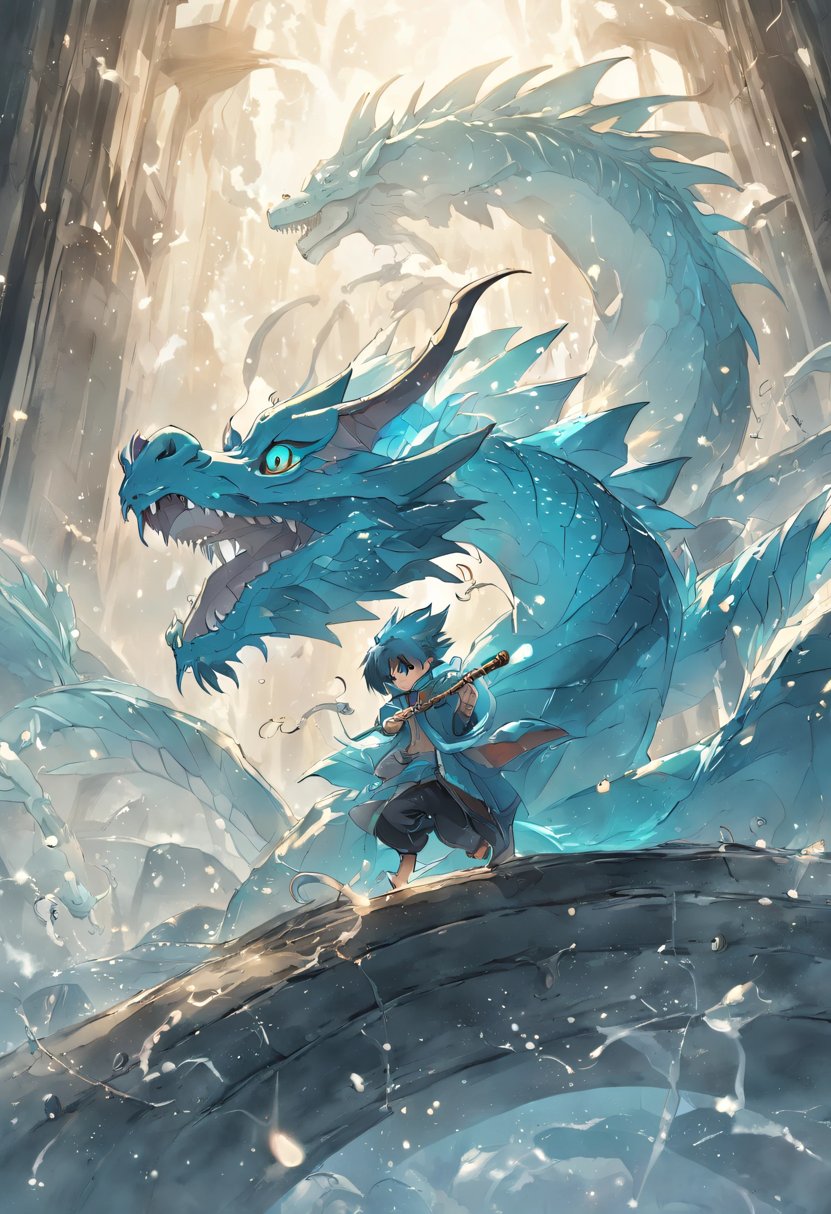 (Handsome ager riding a dragon),Play the flute with your eyes closed,Blue-blue water dragon,corrugation,The air is filled with water droplets,Cloud effect:1.5,Slender dragon body,elevation,Faraway view,super detailing,best qualtiy,tmasterpiece,(8K,Extremely detailed,Epic artwork