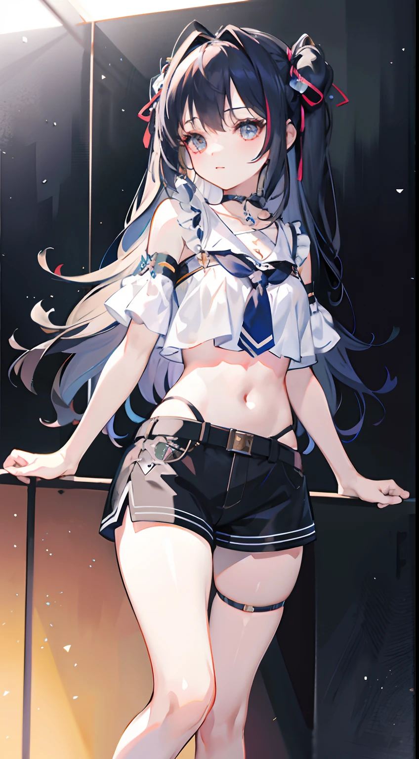top-quality、realistic touch,high-detail、photoRealstic、thin-waist、captive beauty、big eye、solid platinum-blonde eyelashes、platinum-blonde、full body Esbian、Sparkling eyes, cheeks flushed、thin-waist、In the classroom of the school、She is in estrus、a sailor suit、cocky expression、Super short skirt with V-line visible、Sleeveless、Navel look、small tits、Ponytail hair style、a sailor suit that is extremely short in length、Black thigh socks、Colossal tits、big butts、Camera angle from below、Big breasts visible between uniform and stomach、