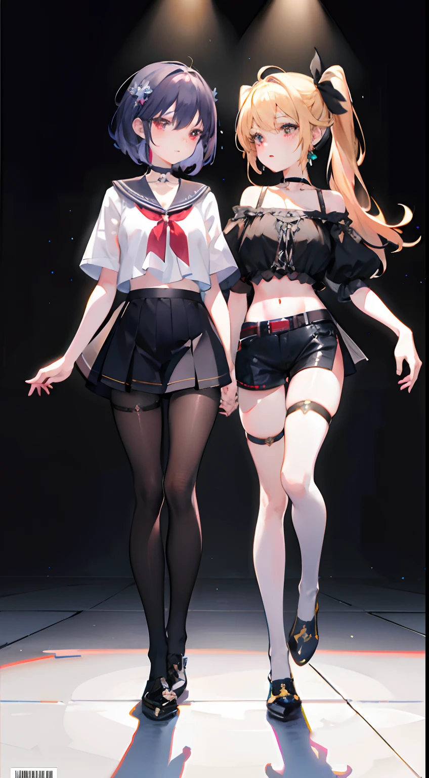 ,twins, Masterpiece,Best quality,offcial art,Extremely detailed Cg Unity 8K wallpaper, 2girls, cute female , Yuri, hair adornments, Short shorts, Crop top, Pantyhose, ribbon_choker necklace, leg belt,