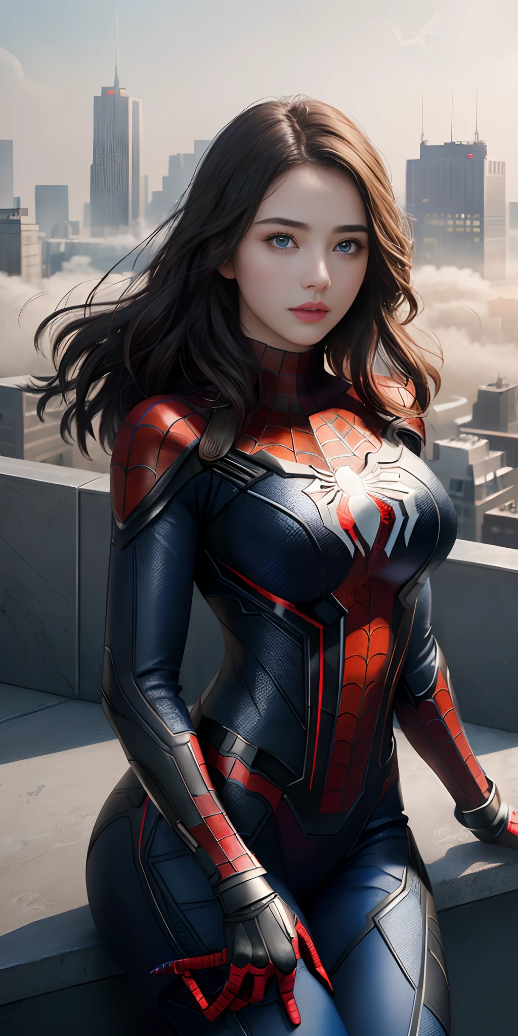 8K,Spider Girl,Super Beauty(Like the real thing),Spiderman Costume,Blue Eyes,Flexible physical ability,Perfect Anatomy,charm,Volume measurement,Body balance,super Realistic 肌,Digital single-lens reflex camera, Soft lighting, Detailed Background, Written boundary depth, Small breasts、Volumetric lighting, Sharp focus, Absurd, Realistic proportions, Excellent anatomy, (Realistic, 超Realistic:1.4), 16K HDR, dawn,A High Resolution,super Realistic 肌,Super beautiful expression,Fantasy art,Character Art,Wind effects:1.9、Cloud Effect:1.2、Full Rendering、Professional quality high resolution、Perfect contrast、Perfect lighting、Perfect composition、Perfect Skin、Perfect Fingers、Perfect breasts、Perfect Hair、Perfect Face、Realistic facial features,super highest quality,Slim figure,Perfect body line,Perfect hand shape,Anatomical body balance,Highly detailed face,Highly detailed eyes,Beautiful Lips,Excellent light particles,Cinema Lighting,Makeup,Ultra-high resolution,Ultra-Realistic Skin,Close-up of Princess Warrior,Sexy and dynamic pose,Hard and strong abs,Makeup,Rubber costume,