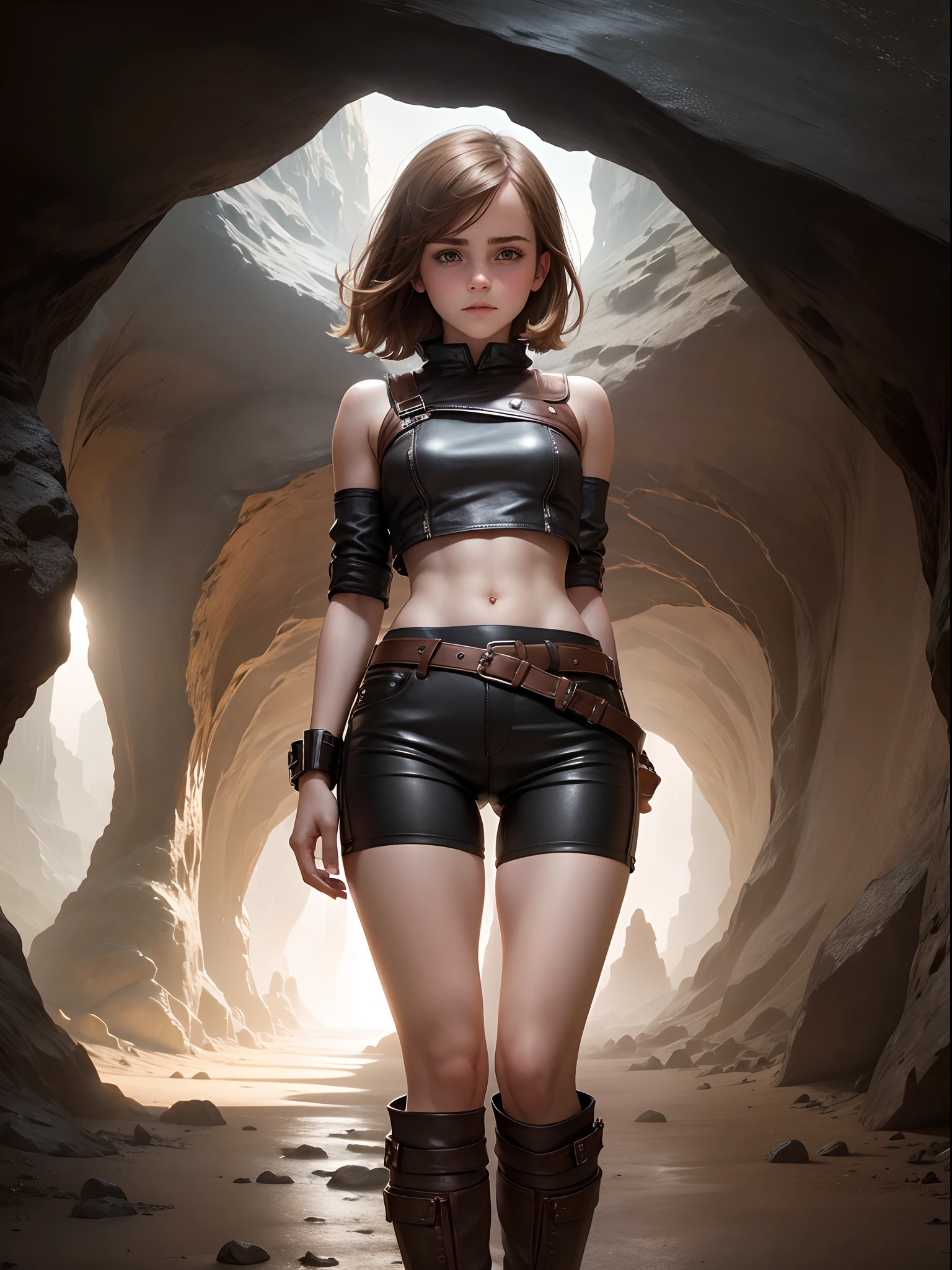 An explorer  emma watson inside a cavern. leather shorts. --s 1000