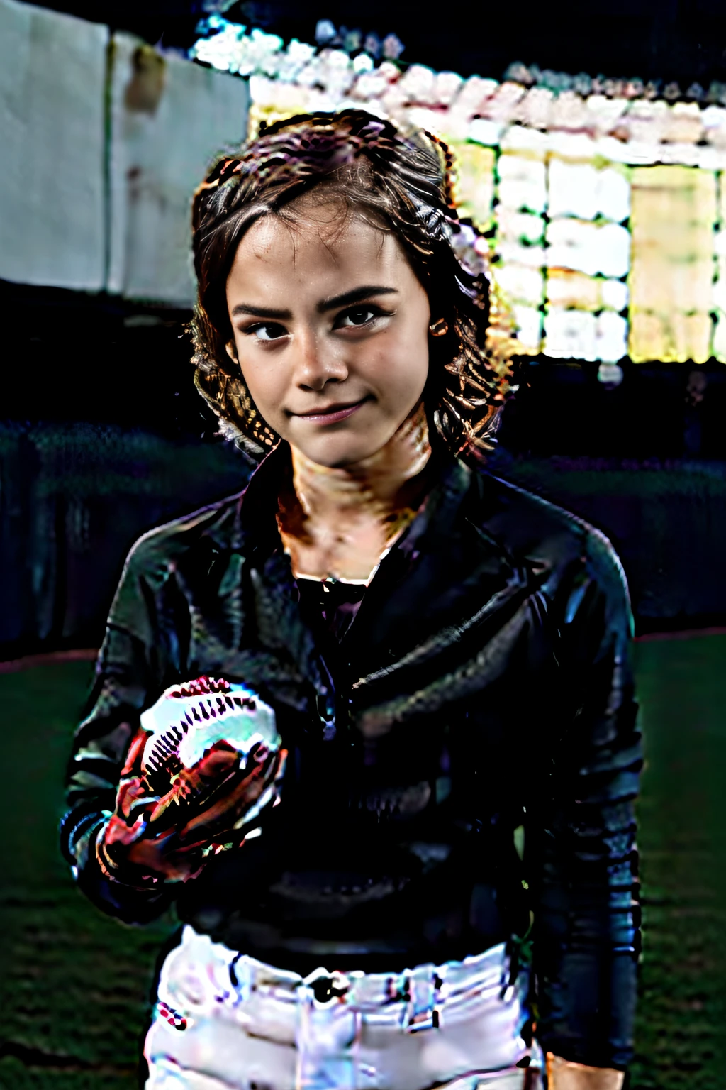 Child wearing baseball gloves holding baseball,baseball stadium