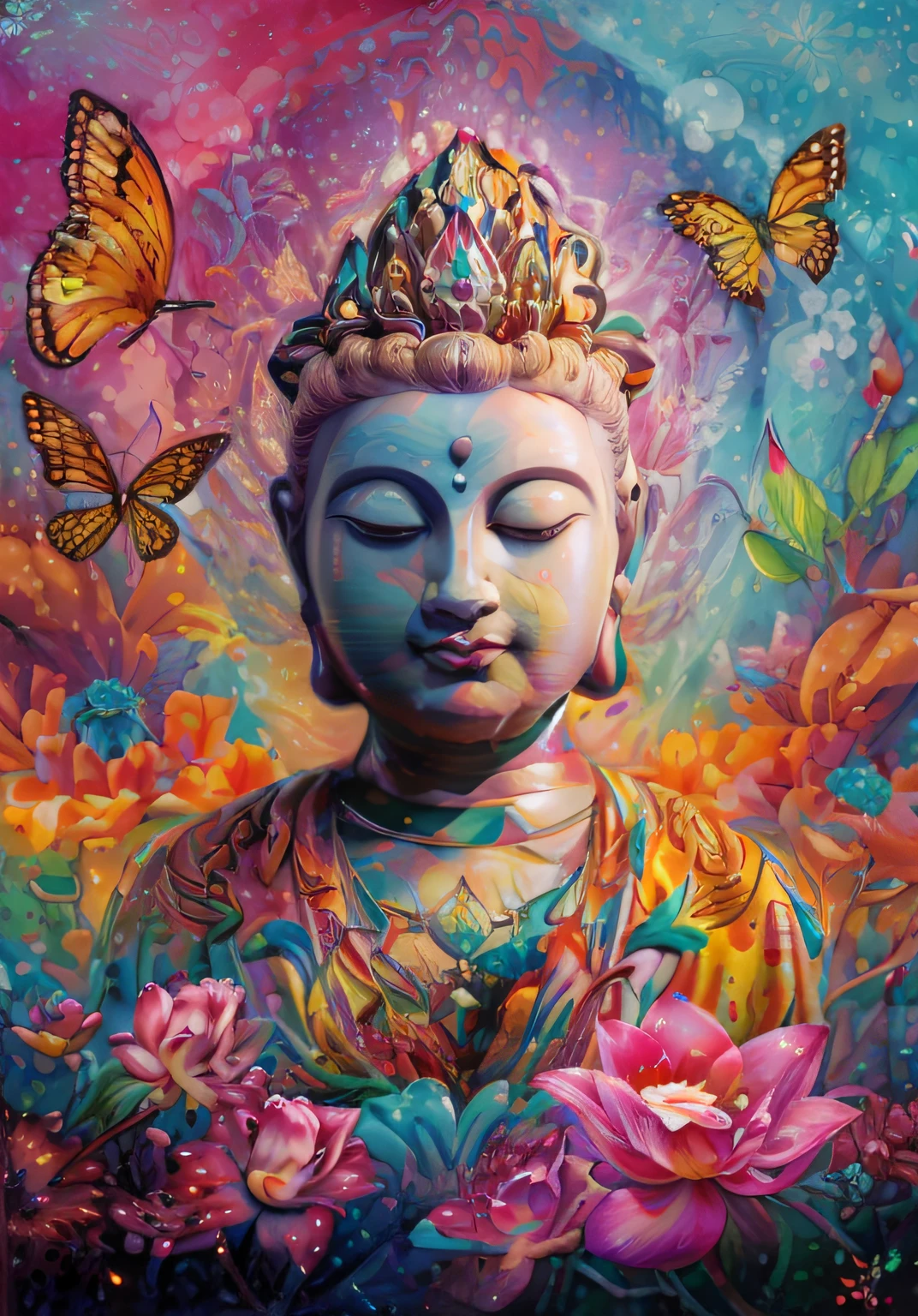 Uma pintura de um Buda colorido com borboletas voando ao seu redor e lindas flores, O Buda, budismo, Buda, Arte bonita UHD 4K, cheio de cores e detalhes ricos, Obra-prima colorida e intrincada, obra-prima obra de arte, Jen Bartel, contre-jours, Arte de Alessandro Pautasso, Directed by: Nicholas Marsicano, Deusa do amor e da paz, Samsara, Directed by: Jason Benjamin