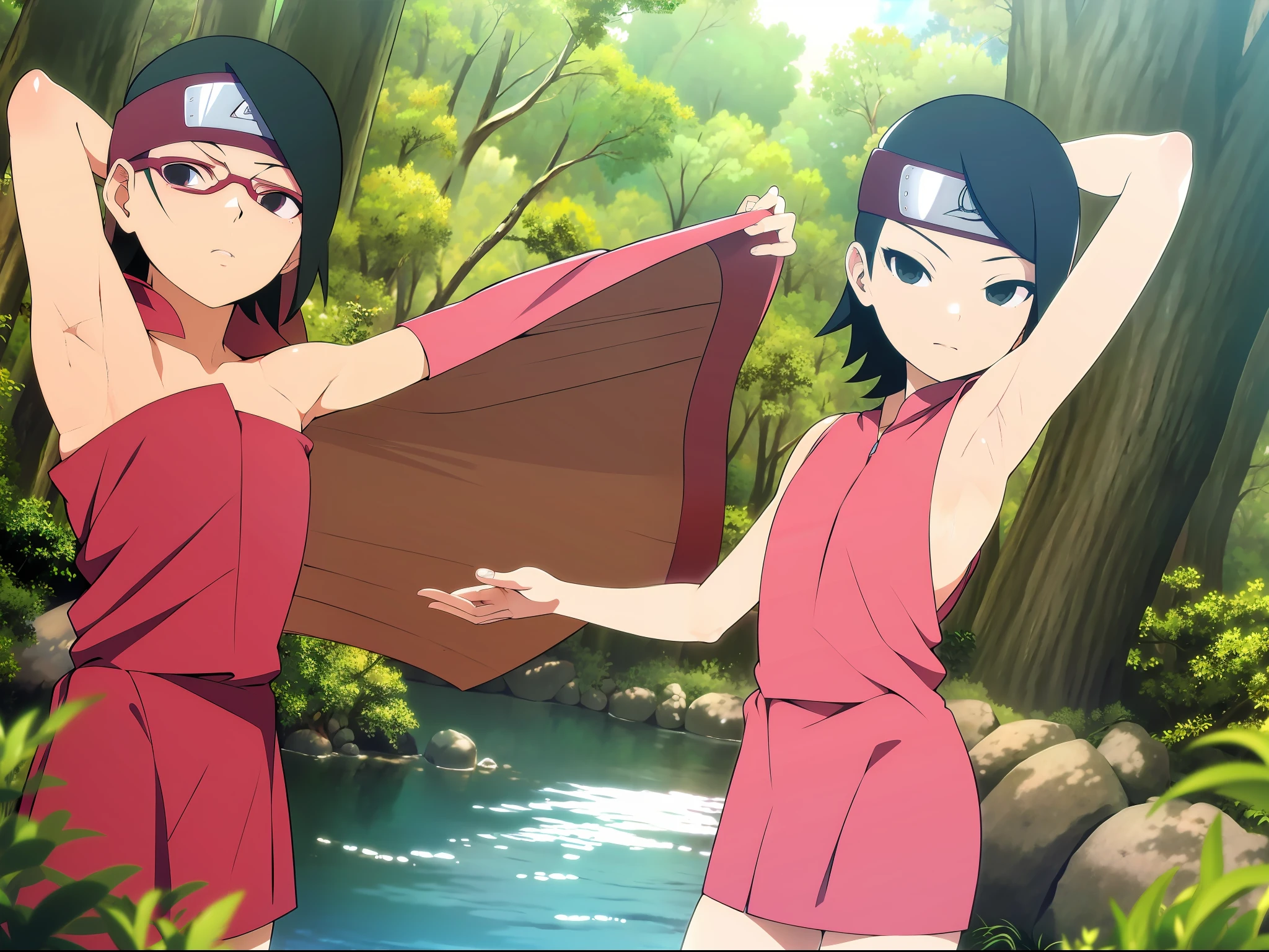 ((Sarada uchiha, armpit, naked, , forest, river))
