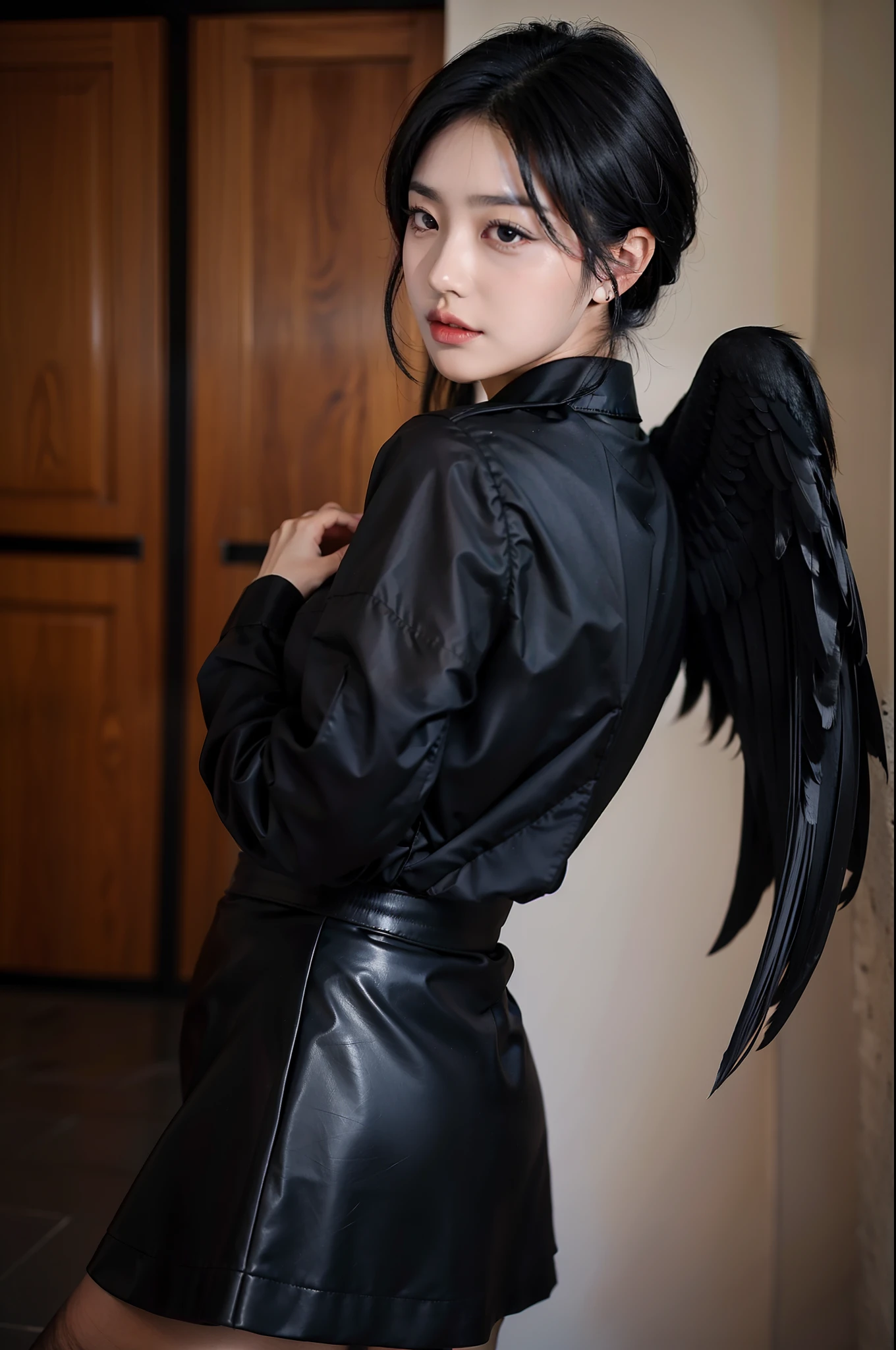 A Korean woman wearing a short black skirt，Fallen angel with black wings on his back，cabelos preto e longos，sexy and plump，high-heels，goth style