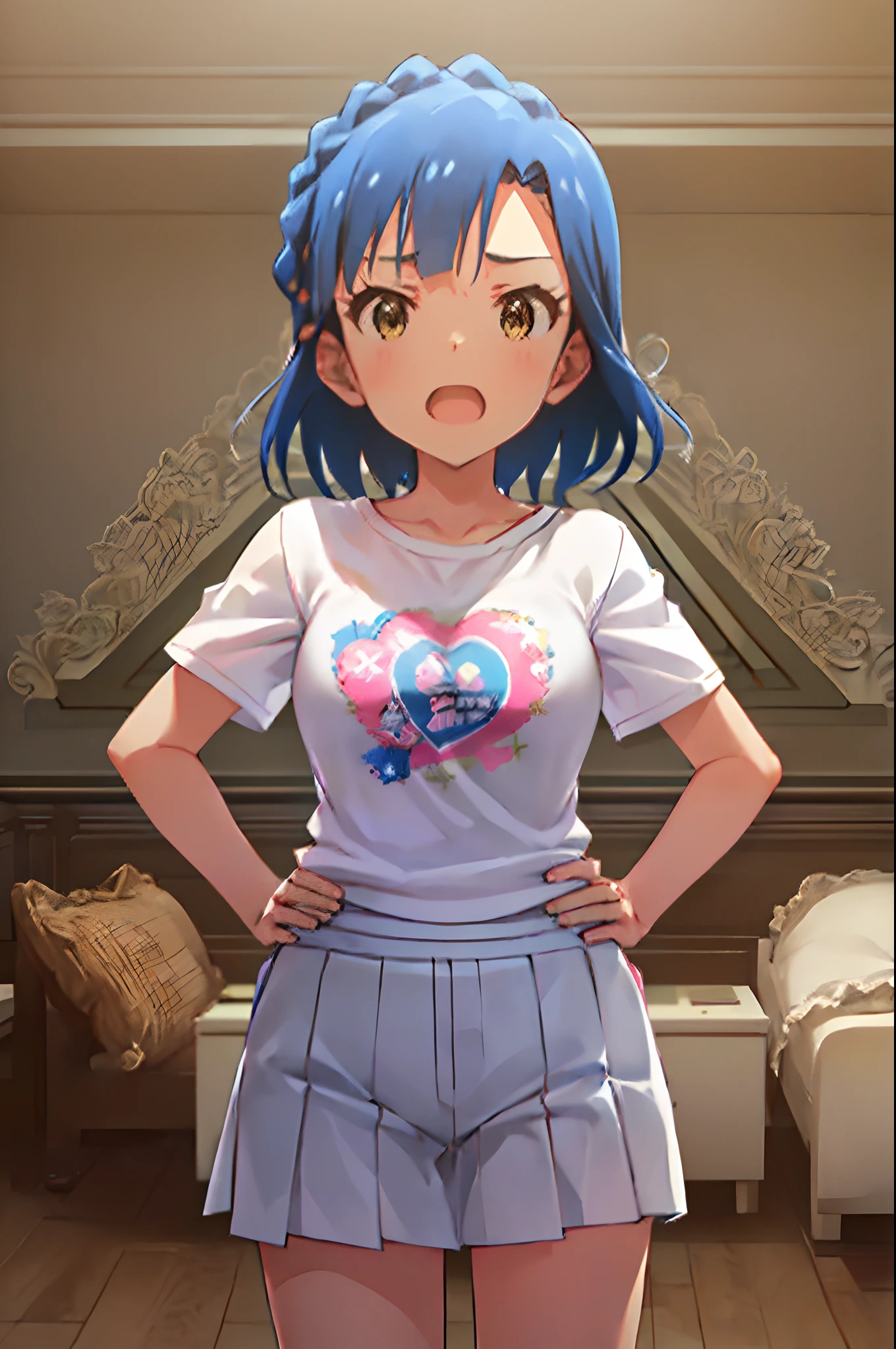 yuriko nanao (million live). Short stature. (((white t-shirts))).Skirt.(((masterpiece))).(((best quality))).((Ultra-detailed))).(((illustratio))). (((put hands on the hip))).(((a room))).(((make a fist))).(((up chest))).Despair face.(((short-hair))).((Medium chest)).((Opening Mouth)).((Heart on chest)).