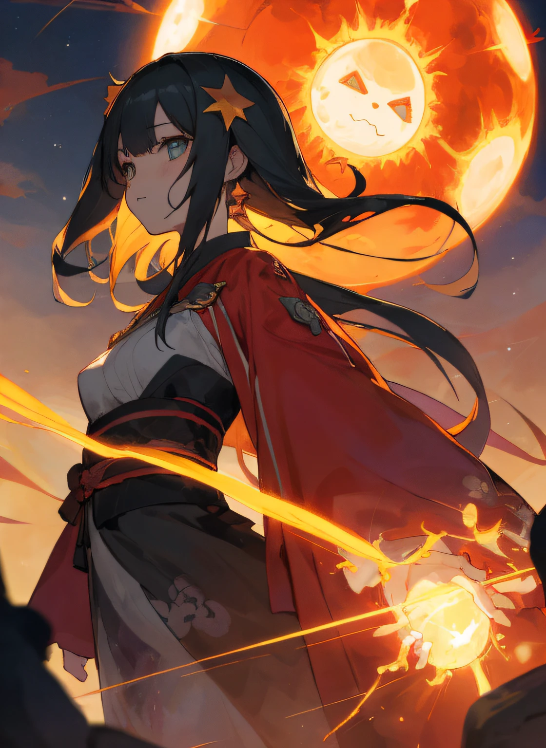 Curvaceous but slender、(beautifully detailed eyes:1.1)、(((in 8K, Raw photo, Best Quality))), Her eyes shone like dreamy stars(radiant eyes:1.233)、超A high resolution, ultra-detailliert, Illustration, (anthwve style: 1) (nvinkpunk: 0.7) 、High Details、foco nítido、natural soft light、Subsurface scattering、F2、35mm、film grains, Astonaut, suns、World of the Sun、Solar surface、Beauty living in the sun、The whole body burns、Half-taken clothes、Planets in the sky、I see the earth in the sky、Away from humans、extraterrestrial、prominence、f lare、corona、photosphere、sunspot、Mocking humans、Flaming fist、Burning head、accessorized、ornament detached、Sun Devil、Monster of the Sun、Demon of the Sun、Lava rocky area、Magma splatters all over the body、luxurious clothes、Arm Accessories、Burning、moe、Beautiful back、Transverse breasts、Turning Beauty、Sun emblem on the back、kimono、layered clothes、