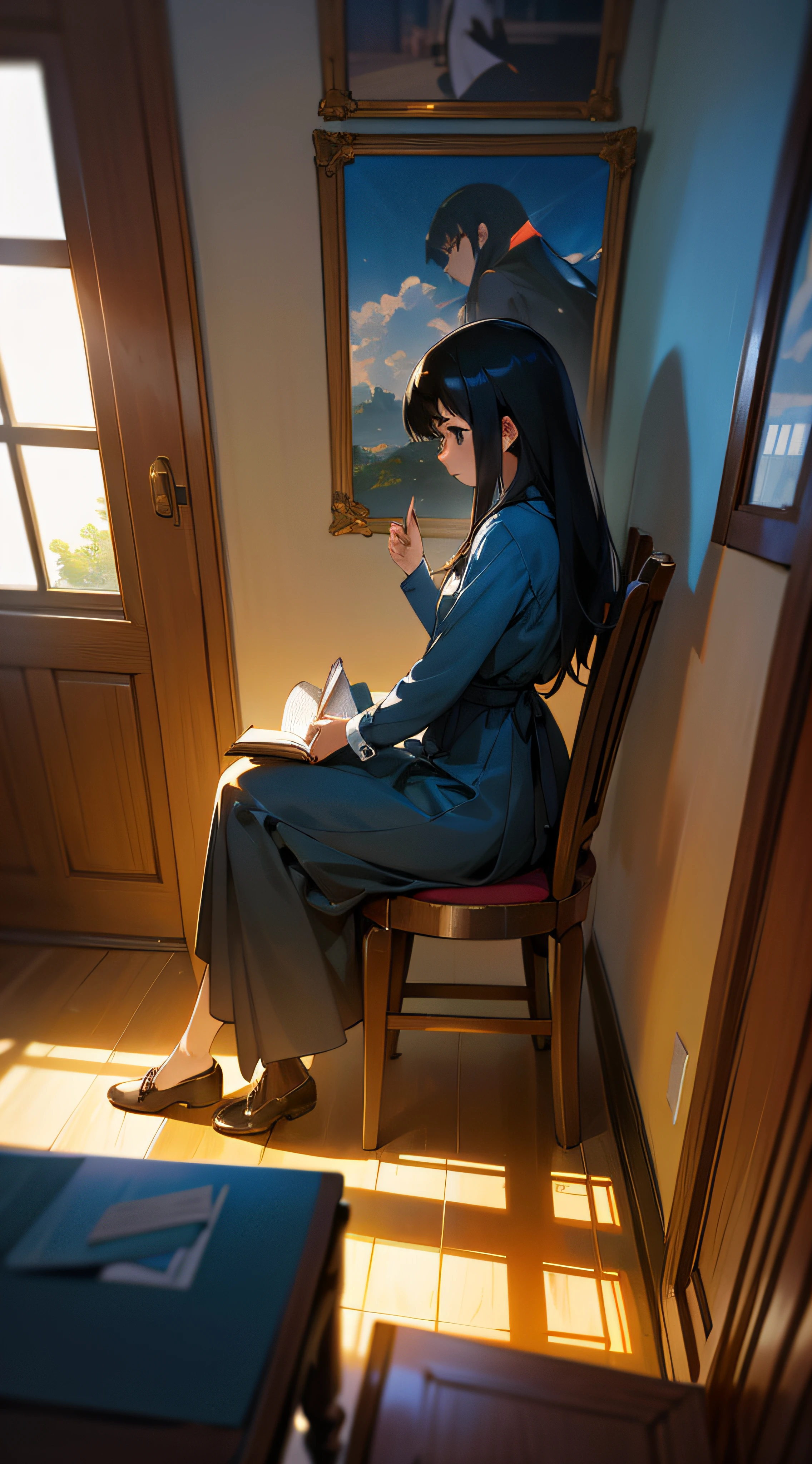 A 16-year-old female high school student reads a book in her room with her back against a wall，Eyes are reading，Long hair, Black hair，Room scene，Large room，Face to face with the book，beautiful  face，8K分辨率，The is very detailed，Perfect character proportions，Estilo de Makoto Shinkai，angle of view，hyper HD， Masterpiece，Mathematically correct，Best quality，Wearing a dress，Sunlight spills in，Sit at your desk and read a book，sitting on a stool，looking at book，Heads-up