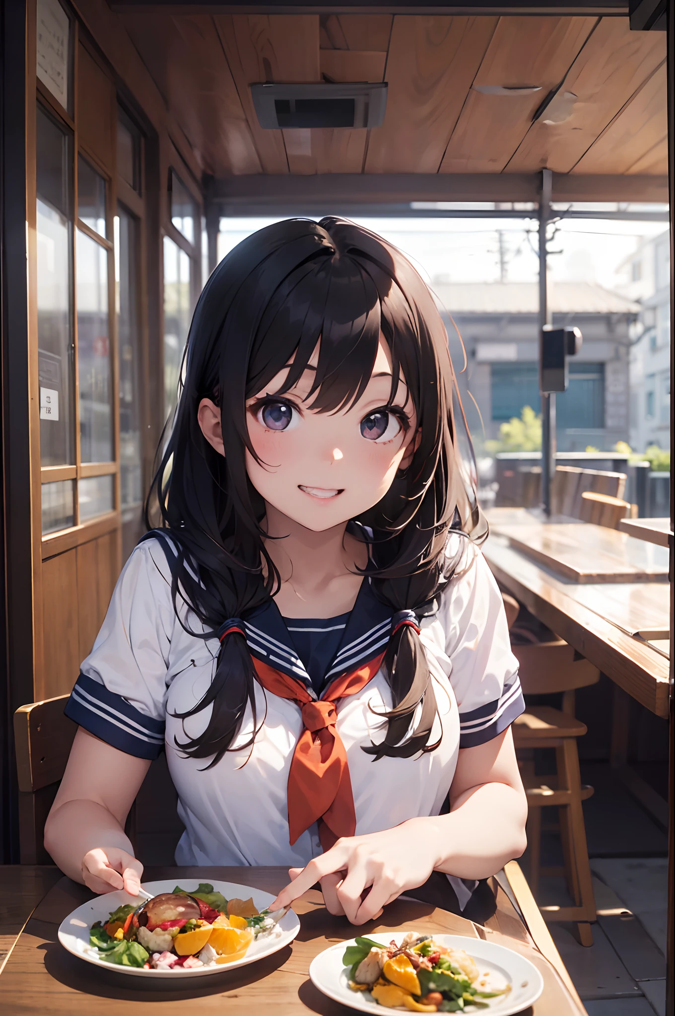 (8K, Raw photography, top-quality, masterpiece:1.2), 1girl in, 3 d, A dark-haired、The long-haired、Lunch at the café、Salad and orange juice on the table、sitting on、、Short sleeve sailor suit、a miniskirt、Asian,A smile、