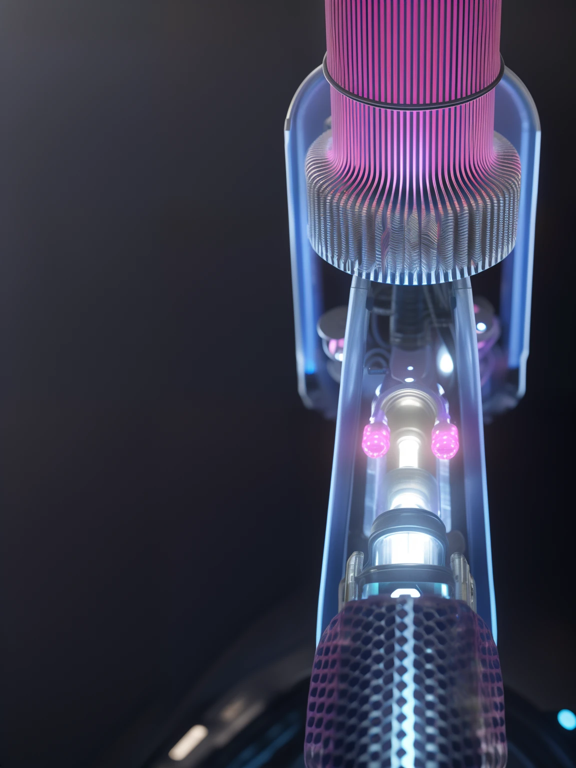 Alafde view of a machine with pink lights, concept-art | dyson, body full glowing vacuum tubes, hyper detail illustration, powering up. ultra - detailed, bottom - view, Bottom view, detailed zoom photo, Electron microscope view, bright microscopic view realism, high resolution and detail, depicted as a 3 d render, microscopic details, hyper realisitc