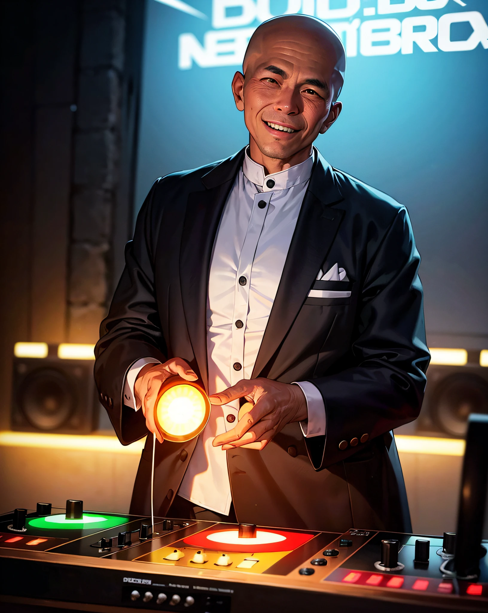 Illustration of a Tibetan elder monk playing a DJ.

A scene in which a monk in a black monk's robe with a shaved head is operating a DJ player in front of the DJ booth. age of 55, 
In the background, the neon lights of a night club shine.
The monk has a smile on his face, and he seems to be enjoying himself as a DJ.
The people around me are dancing to the monk's DJ.