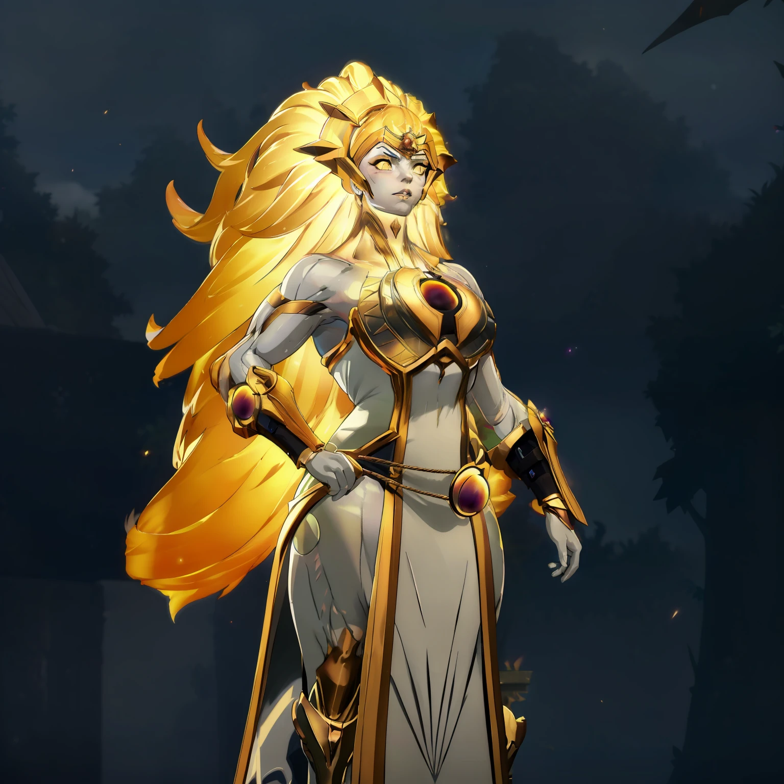 Dawnbreaker (Dota), glowing hair, yellow eyes, glowing eyes, colored skin, grey skin, 1girl, armor, blonde hair, glowing hair, long hair, fantasy goddess, glowing angelic being, curvy body, huge breasts, long robe, long dress, holy, breastplate, muscular, perfect anatomy, better hands