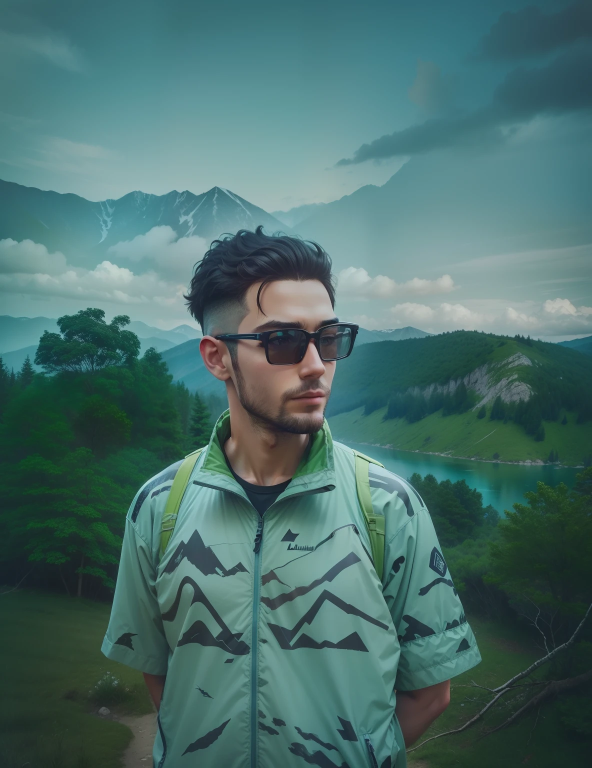 Natural scenery as background, mountain ranges, ln the forest, lakes, camp, A model in outdoor clothing, Comfortable hiking shoes, Model standing on a hillside, The colors of nature are used as the main color scheme