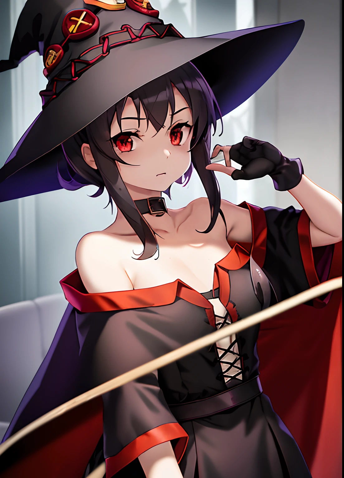 bunbun masterpiece, Best Quality, Megumin, 1girl in, Bare shoulders, Black Cape, Black Gloves, Black hair, Cape, Choker, 鎖骨, Dress, hair between eye, hat, Long sleeves, Looking at Viewer, Medium Hair, Off shoulder dress, off shoulders, Red dress, Red Eyes, side locks, Solo, Witch Hat, Indoors,