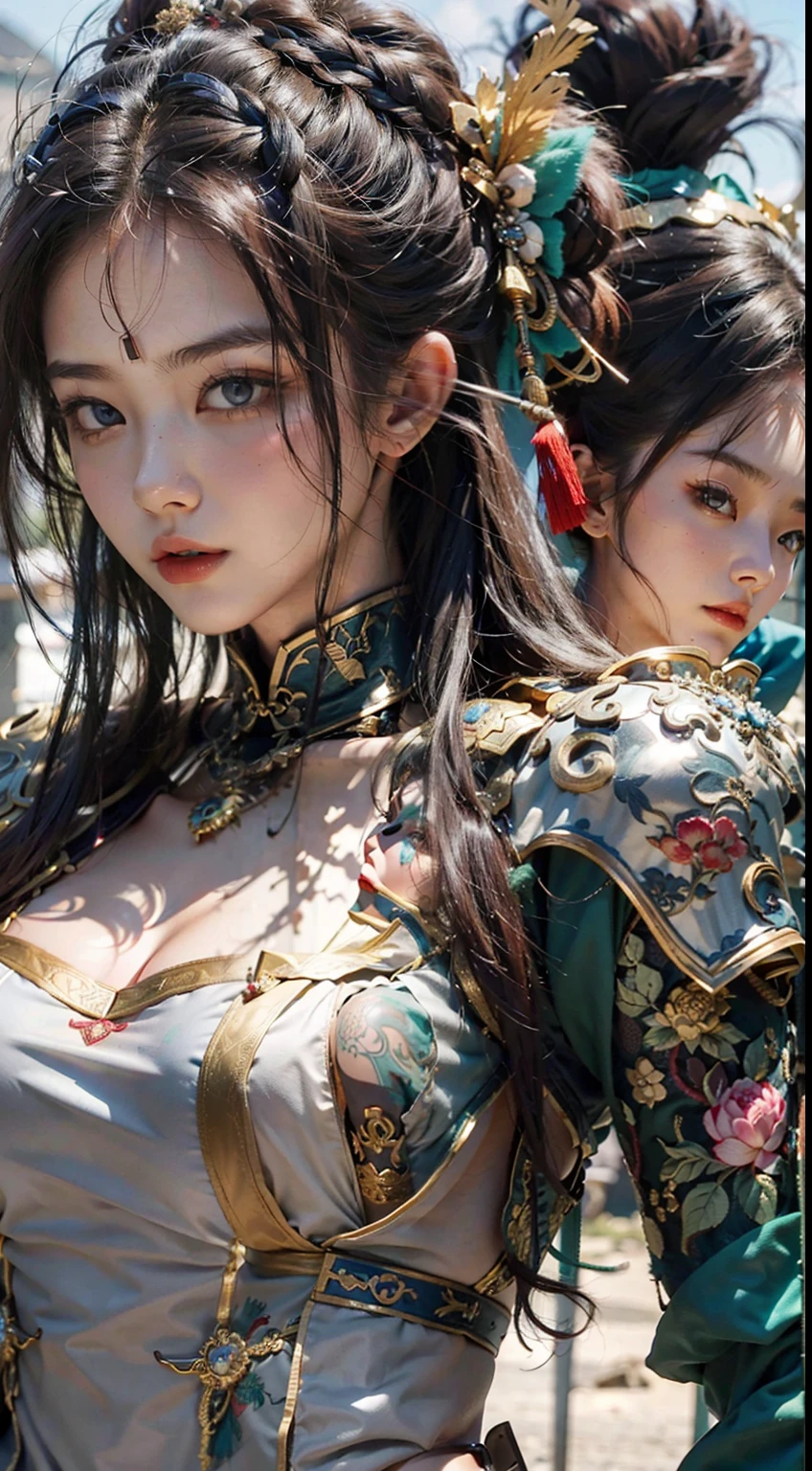 Ancient Chinese architecture,Female warriors in national style,Wear revealing armor,Simple clothing, Minimalist style,Mixed Chinese and American races,The background is blurred out,focal,电影灯光,(((tmasterpiece))), ((best qualtiy)), ((Complex and detailed)), ((ultra-realistic realism)), Ridiculous resolution, A MILF, Mature woman, ssee-through, highly detailed, illustratio, 1girll, (mediuml breasts), Thin waist and thick hips,long leges,beatiful detailed eyes, short detailed hair, brunette color hair, a purple eye, blackstockings,lacy clothing,with faintly visible,Cool armor,The body proportions are perfect,(No underwear:1.2),detailed back ground, perfect eyes, Seductive eye, (nice hand),Detail hands,looking at viewert,From the front,Wear light,juicy legs,deep v big breasts,Tattooed with