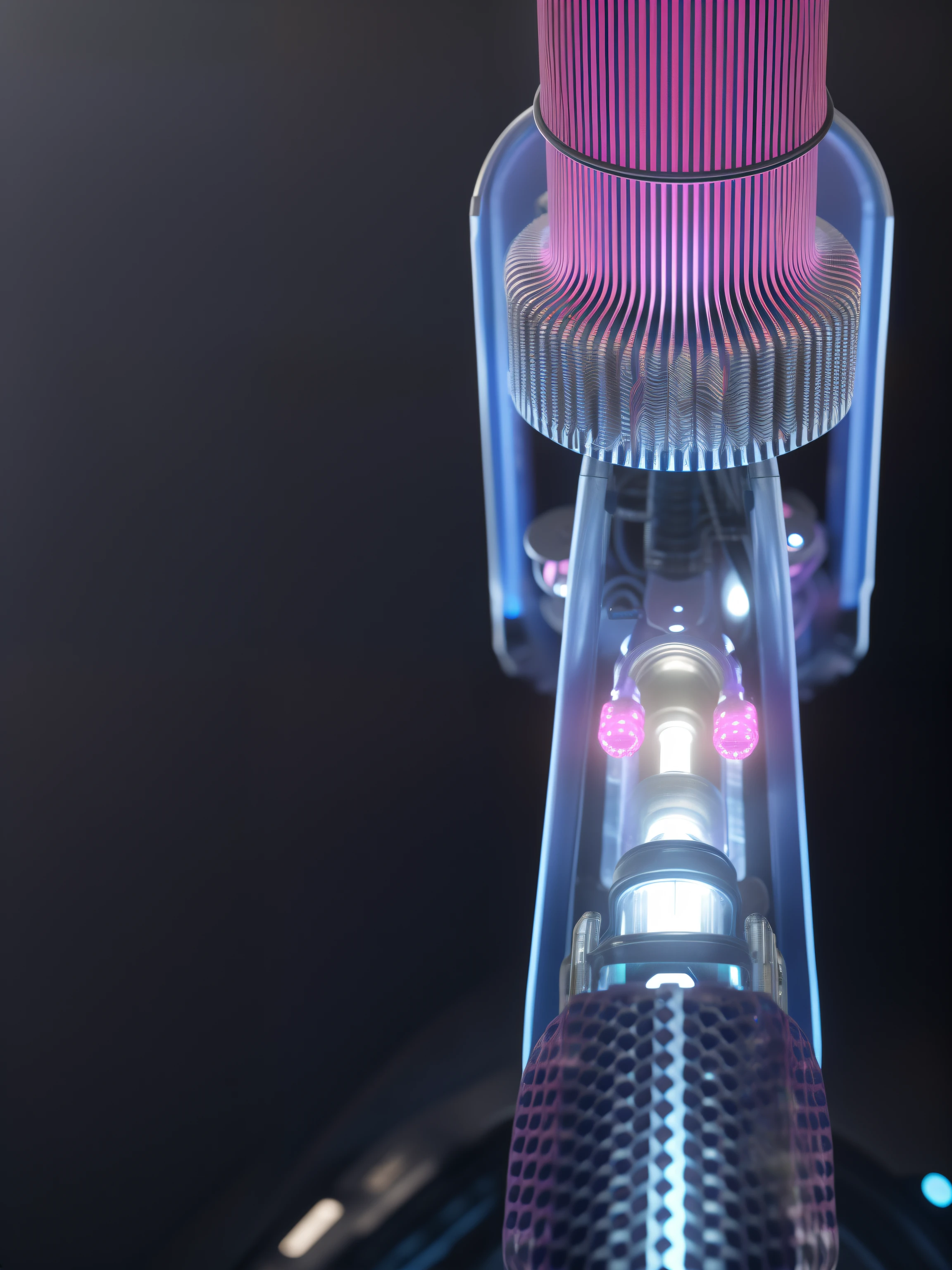Alafde view of a machine with pink lights, concept-art | dyson, body full glowing vacuum tubes, hyper detail illustration, powering up. ultra - detailed, bottom - view, Bottom view, detailed zoom photo, Electron microscope view, bright microscopic view realism, high resolution and detail, depicted as a 3 d render, microscopic details, hyper realisitc