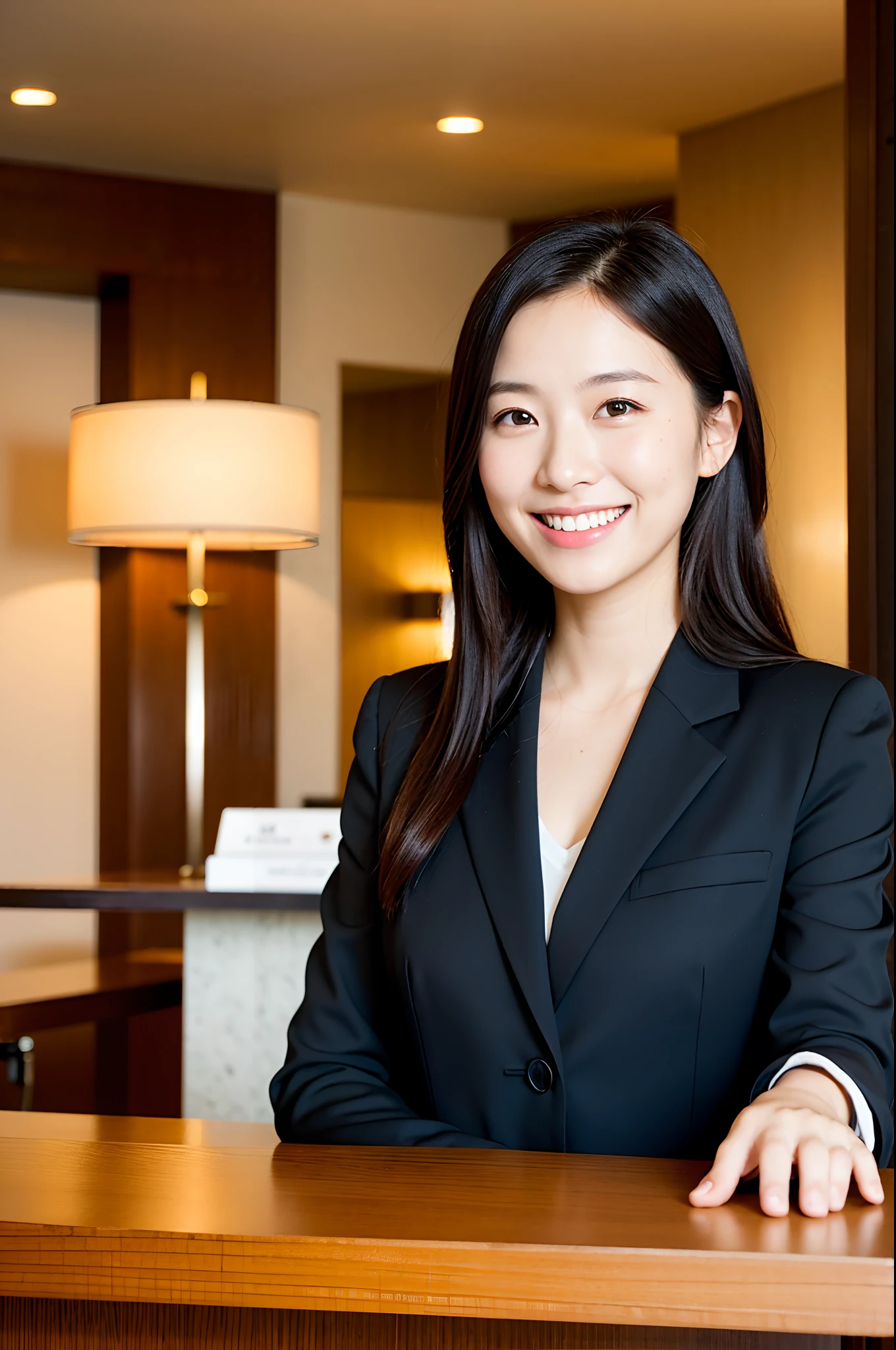 Natural light, girl smiling at the front desk of the hotel in a black suit (best quality, masterpiece: 1.2)