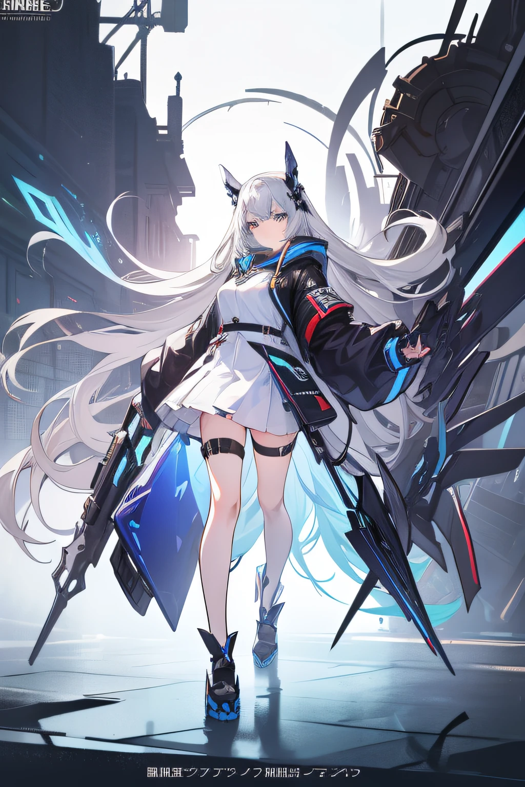 (masterpiece:1.2), high resolution, ray tracing, Neon-light-effect, slow motion, light caustics effect, (solo anime girl:1.1), (wrecked burning gigantic machine on background:1.3), a blue flaming great sword, cool stance, low stance, glowing skin, opened clothes, loose-fitting silhouette hooded blouson, oversized t-shirt, zettai ryouiki, night, a light gray hair blue dyed ends, futuristic parts on clothes, realistic lighting and shadowing