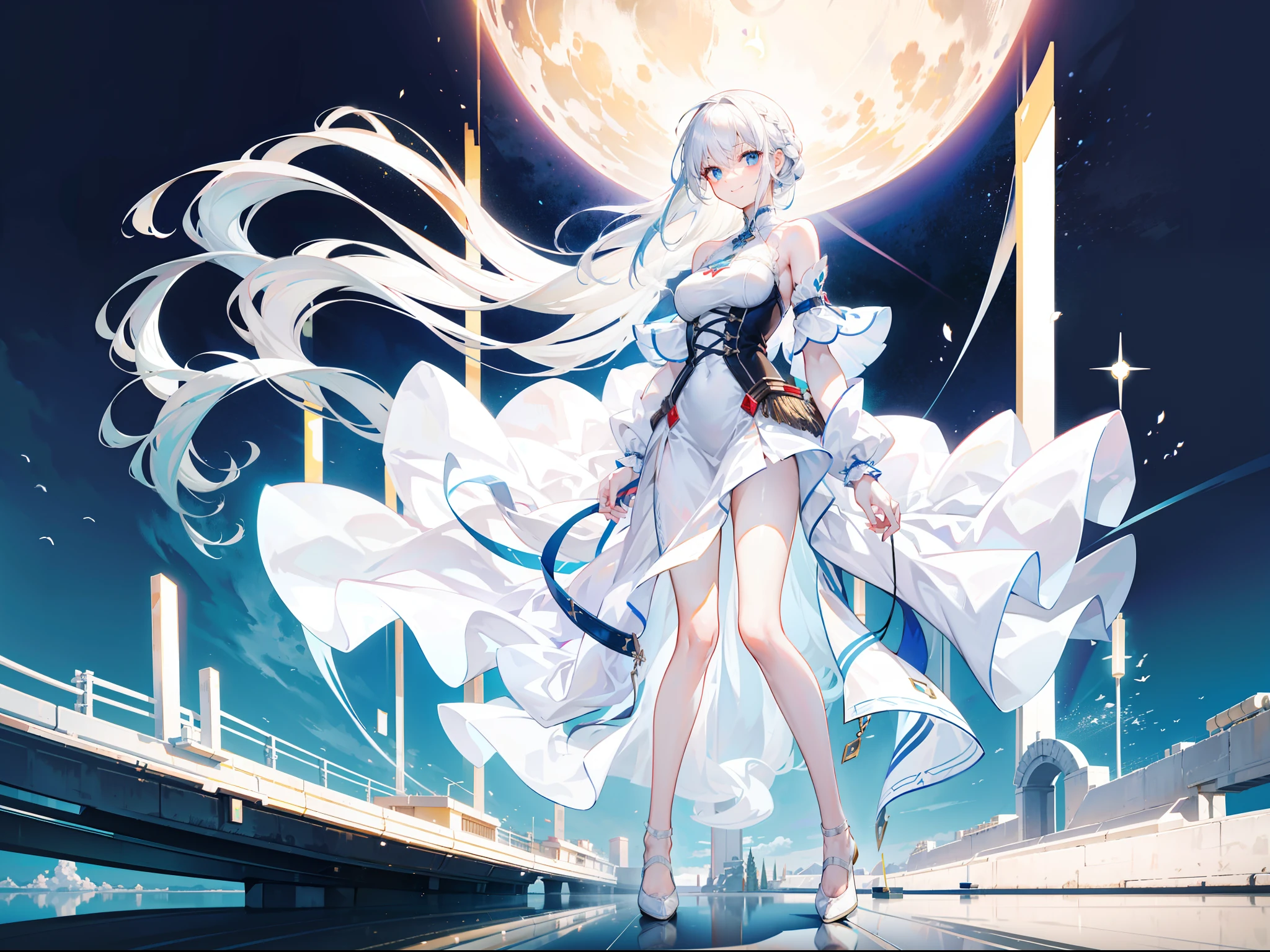 Beautiful girl with white hair,Wearing a plain white dress,french braid,Extremely long hair,Stand in a town with pleasant winds and powers,Tall and tall,Slim figure,With a smile,Extremely thin body,Extremely tall,The legs are very thin,White boat-shaped shoes