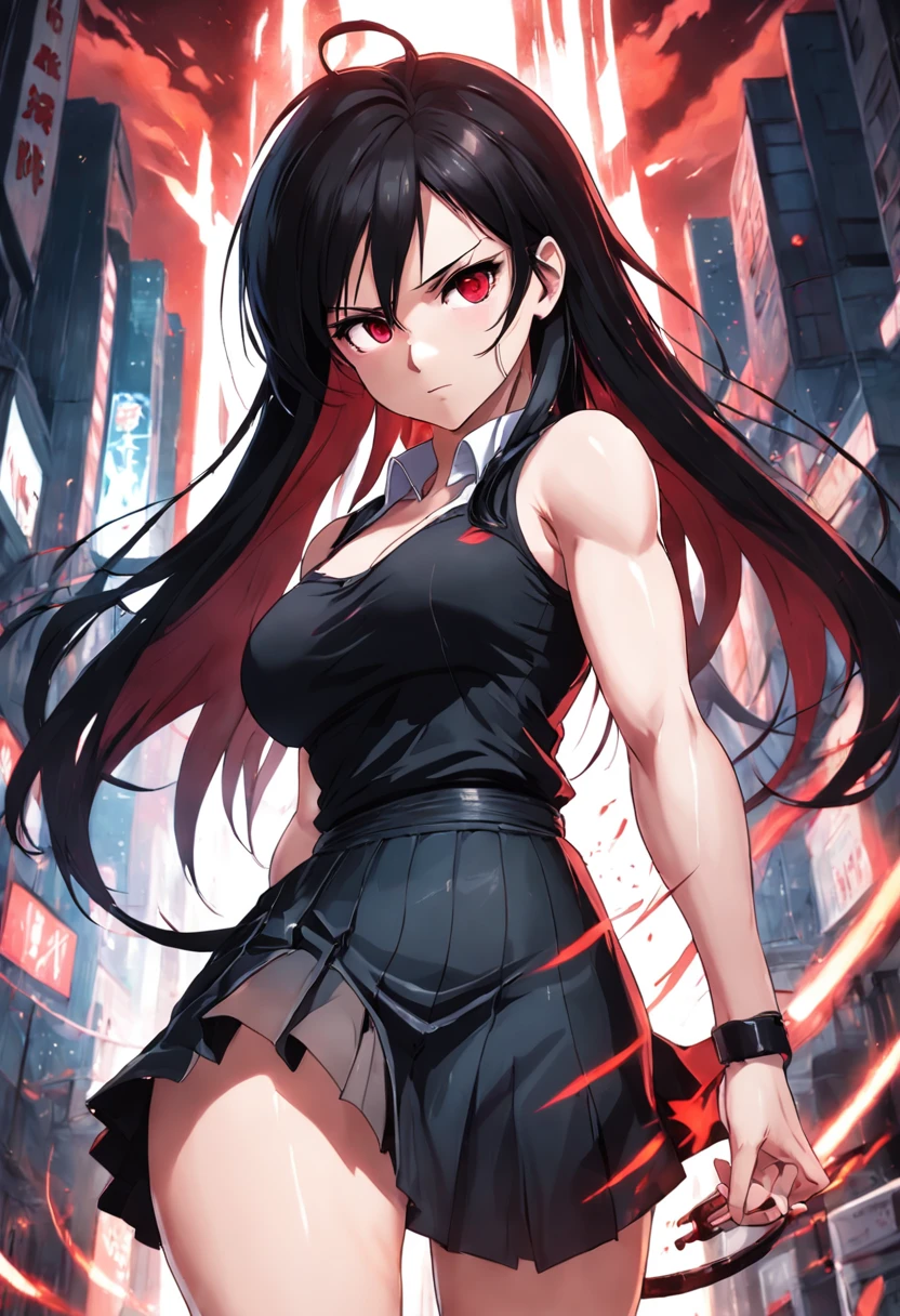 Tifa Lockheart in a fighting stance (adult,long dark hair, crimson eyes,white shirt,black skirt,curvy body,thin waist)