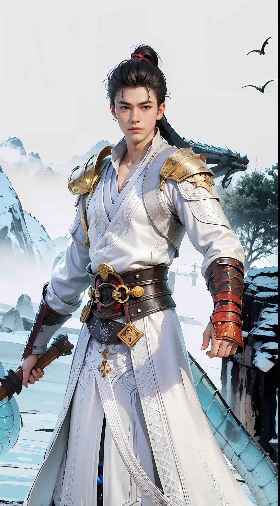 1boy,white hair, best quality, photo, 4k,looking at viewer,full body,(wear dragon armor:1.5),