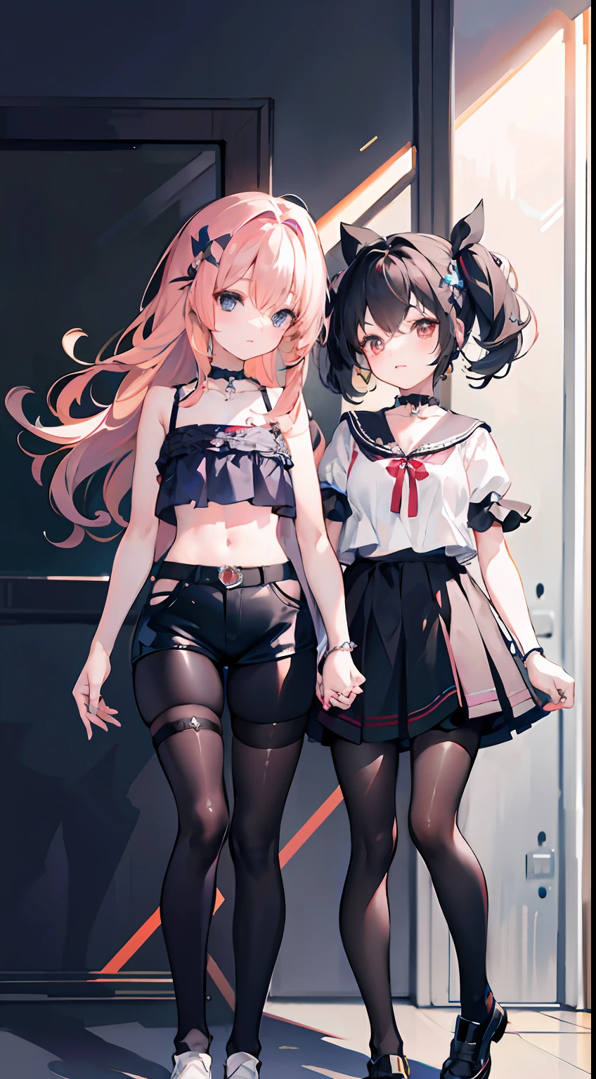 ,twins, Masterpiece,Best quality,offcial art,Extremely detailed Cg Unity 8K wallpaper, 2girls, cute female child, Yuri, hair adornments, Short shorts, Crop top, Pantyhose, ribbon_choker necklace, leg belt,