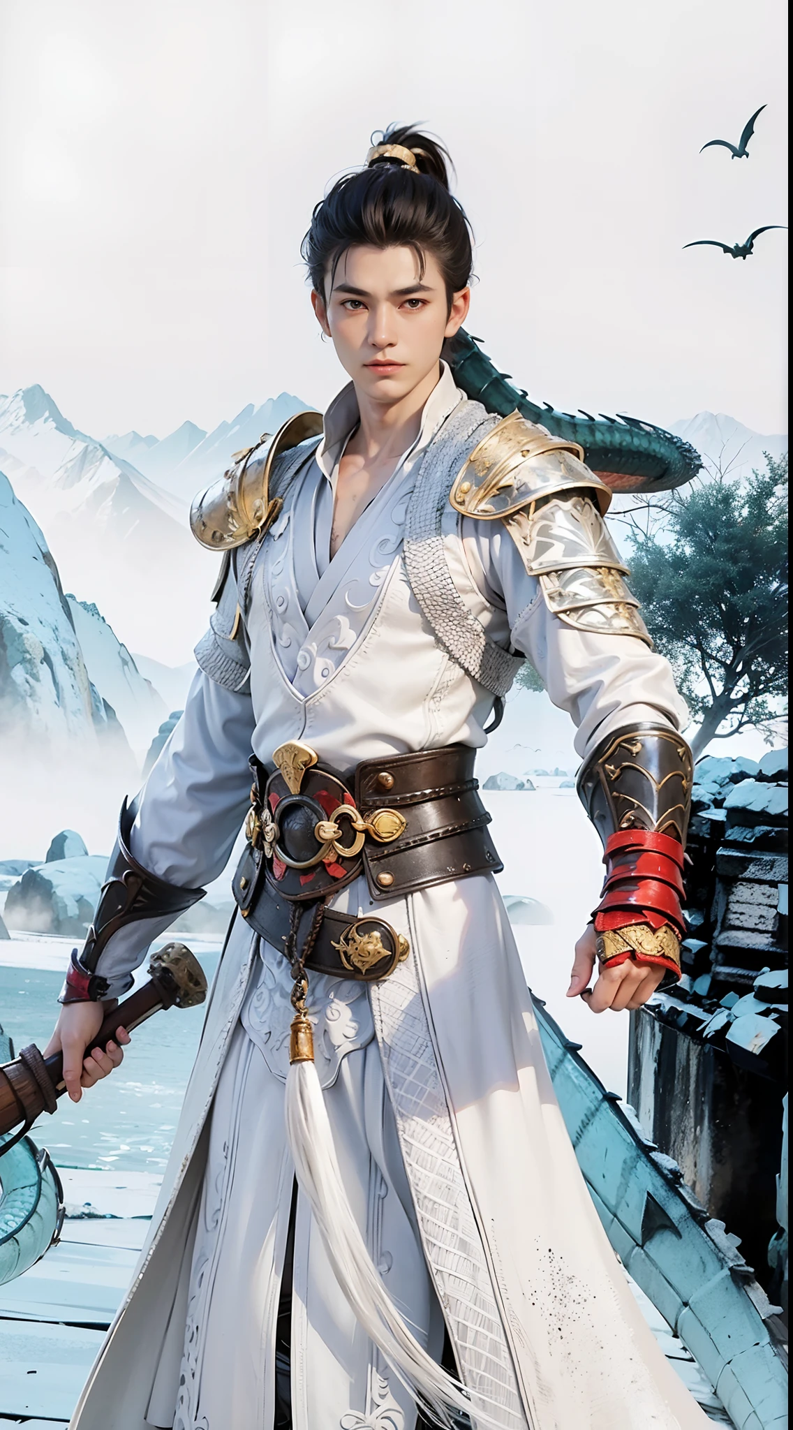 1boy,white hair, best quality, photo, 4k,looking at viewer,full body,(wear dragon armor:1.5),