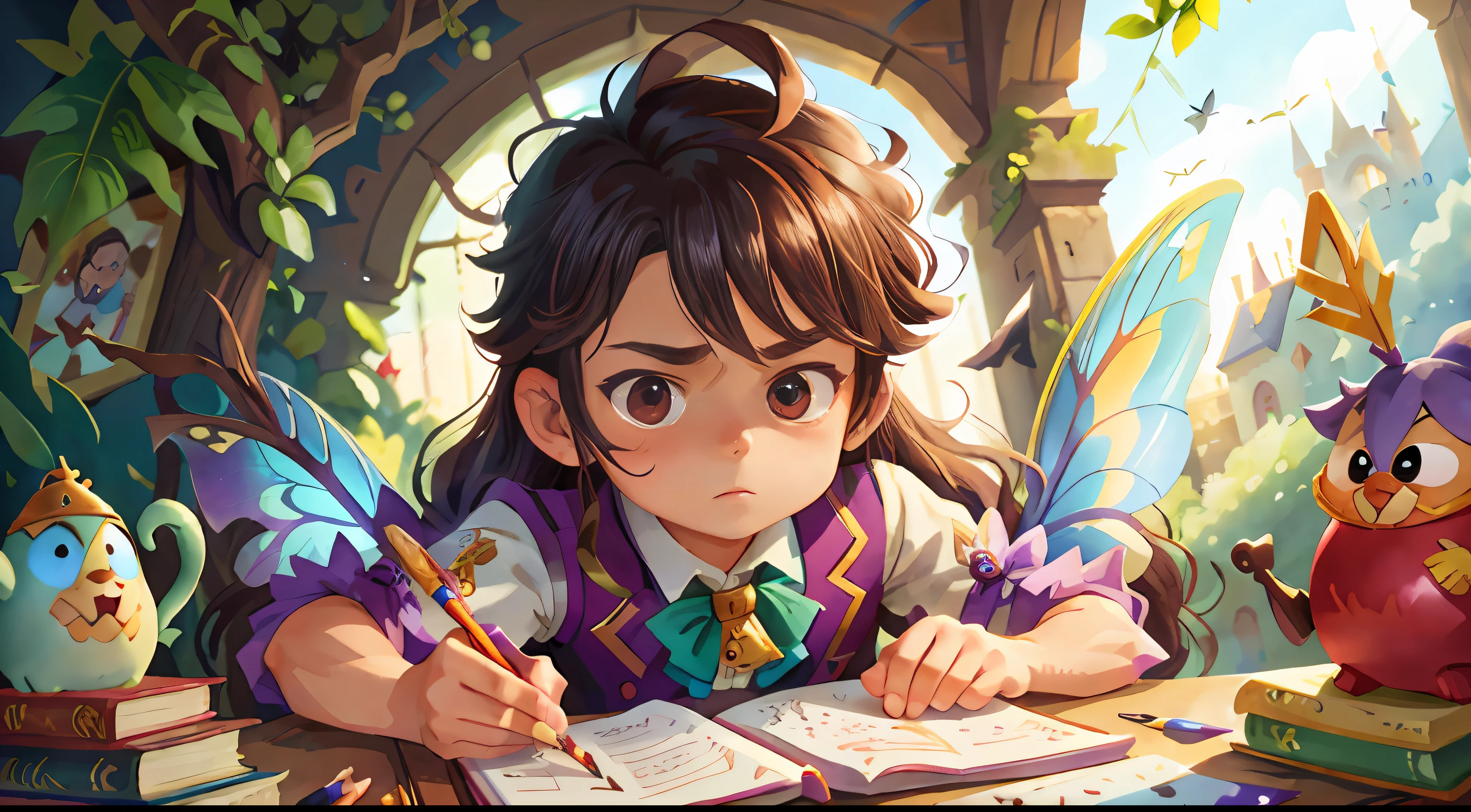 tmasterpiece,Ultimate quality,watercolor paiting,Fairy tale picture book,Castle,Libido boy,faeries,tmasterpiece, s the perfect face,super detailing, Epic composition, hyper HD, high qulity, extremely detaile,Clear focus,Extremely colorful,