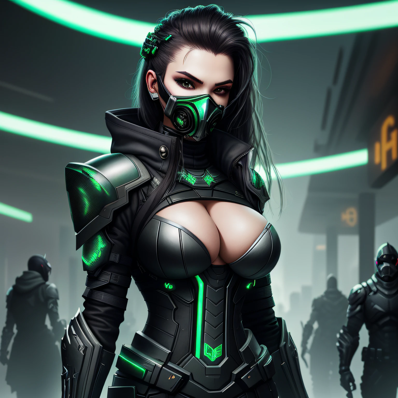 (best quality) (extra high definition) women big tits viper smoke with mask, dark style, black titanium armor green details, looking at you, sword in hand, cyberpunk city