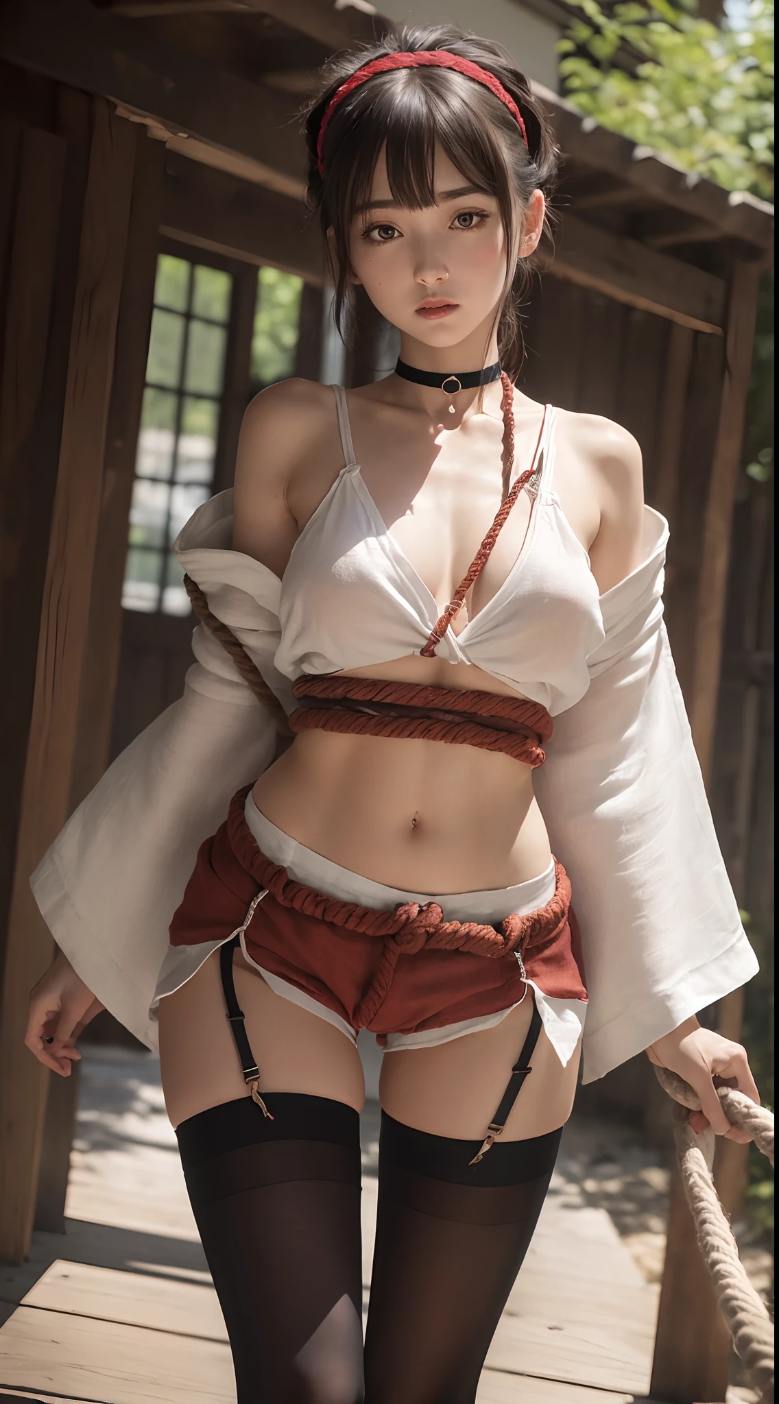 photorealistic, dynamic pose, low angle, ultra high details, 1girl, delicate face, innocent, pale skin, skinny, sakura headband, (long hair with full bangs):1.2, ((rope choker, rugged white kimono, huge rope belt, (rugged red linen short shorts with open sides), (black thigh highs)):1.2), panty visible, (small waist):1.3, ((wide thigh gap):1.2, (wide thighs):1.2), masterpiece