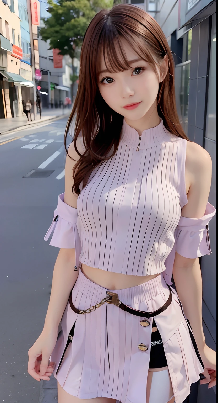 top-quality、超A high resolution、(Photorealsitic:1.4)、(ulzzang-6500:0.4)、Beautie、Korean Idols、21years old、length hair、light brown hair、Clean and wavy hairstyle、small tits、Very small breasts、Realistic eyes, slender narrow eyes、Beautiful eyes、A smile、croptop、Tank Tops、Wear a see-through shirt、a miniskirt、In the street、crouching down、slender、A slender、Slender body lines