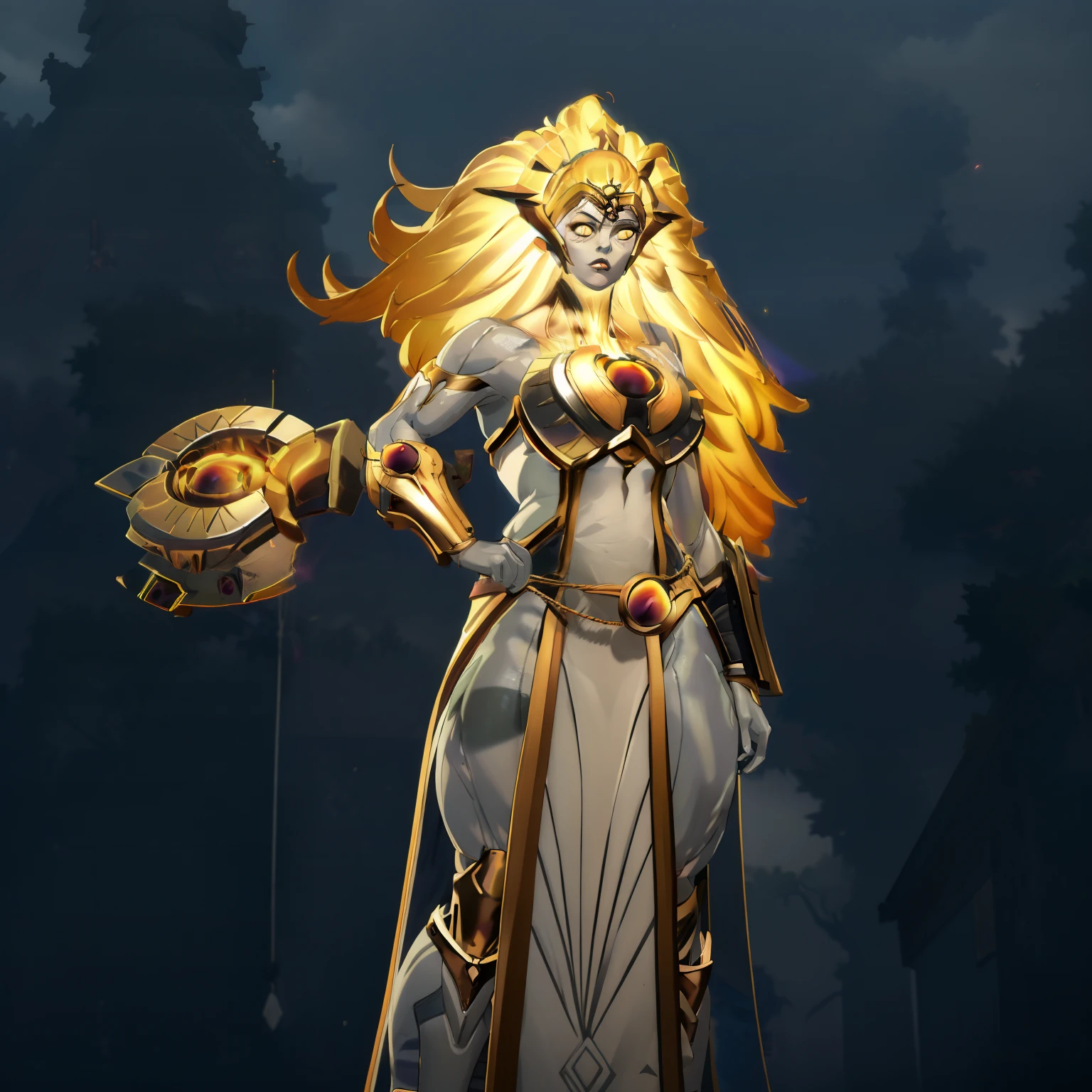 Dawnbreaker (Dota), glowing hair, yellow eyes, glowing eyes, colored skin, grey skin, 1girl, armor, blonde hair, glowing hair, long hair, fantasy goddess, glowing angelic being, curvy body, huge breasts, long robe, long dress, holy, breastplate, muscular, perfect anatomy, better hands, cowboy shot, anime style