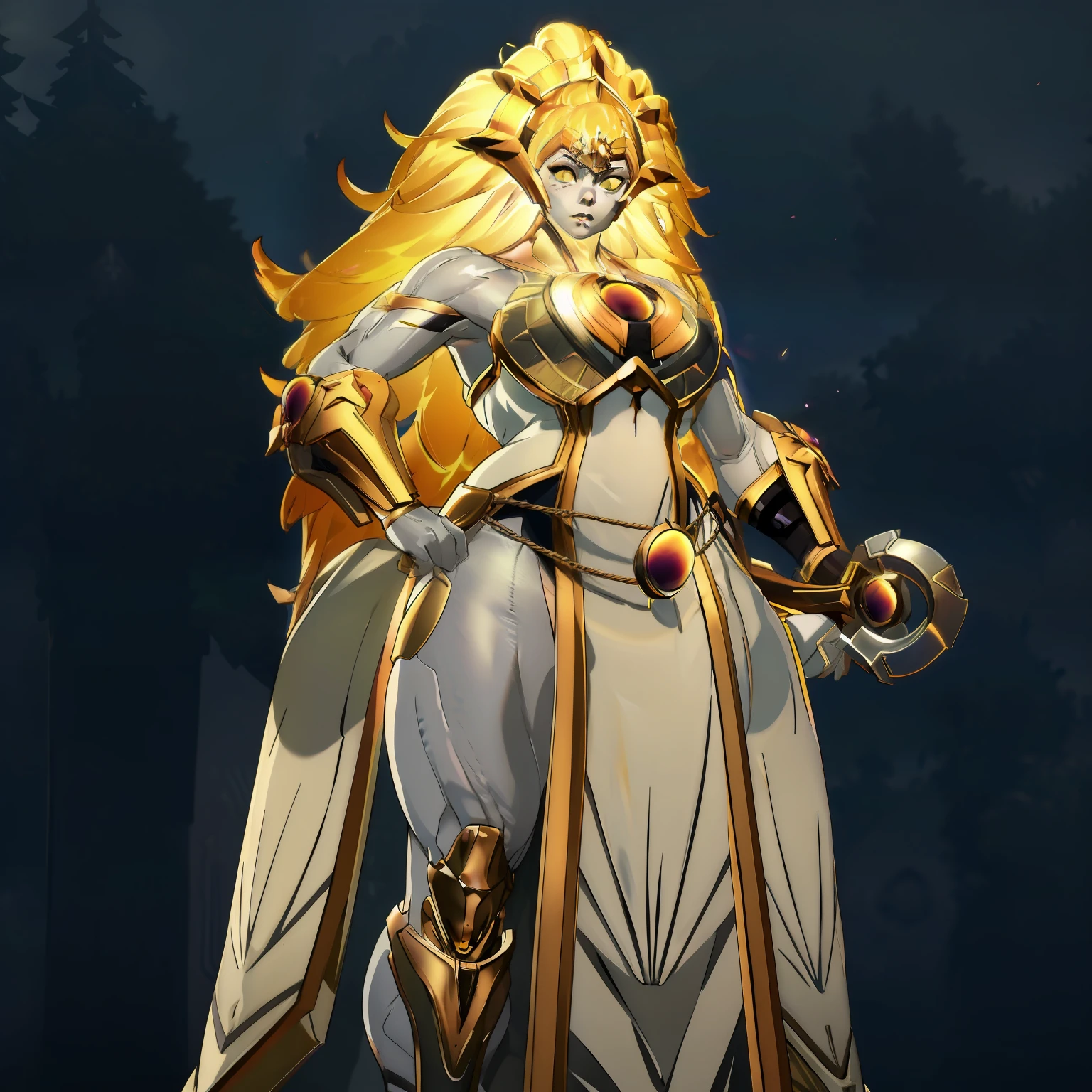 Dawnbreaker (Dota), glowing hair, yellow eyes, glowing eyes, colored skin, grey skin, 1girl, armor, blonde hair, glowing hair, long hair, fantasy goddess, glowing angelic being, curvy body, huge breasts, long robe, long dress, holy, breastplate, muscular, perfect anatomy, better hands, cowboy shot, anime style