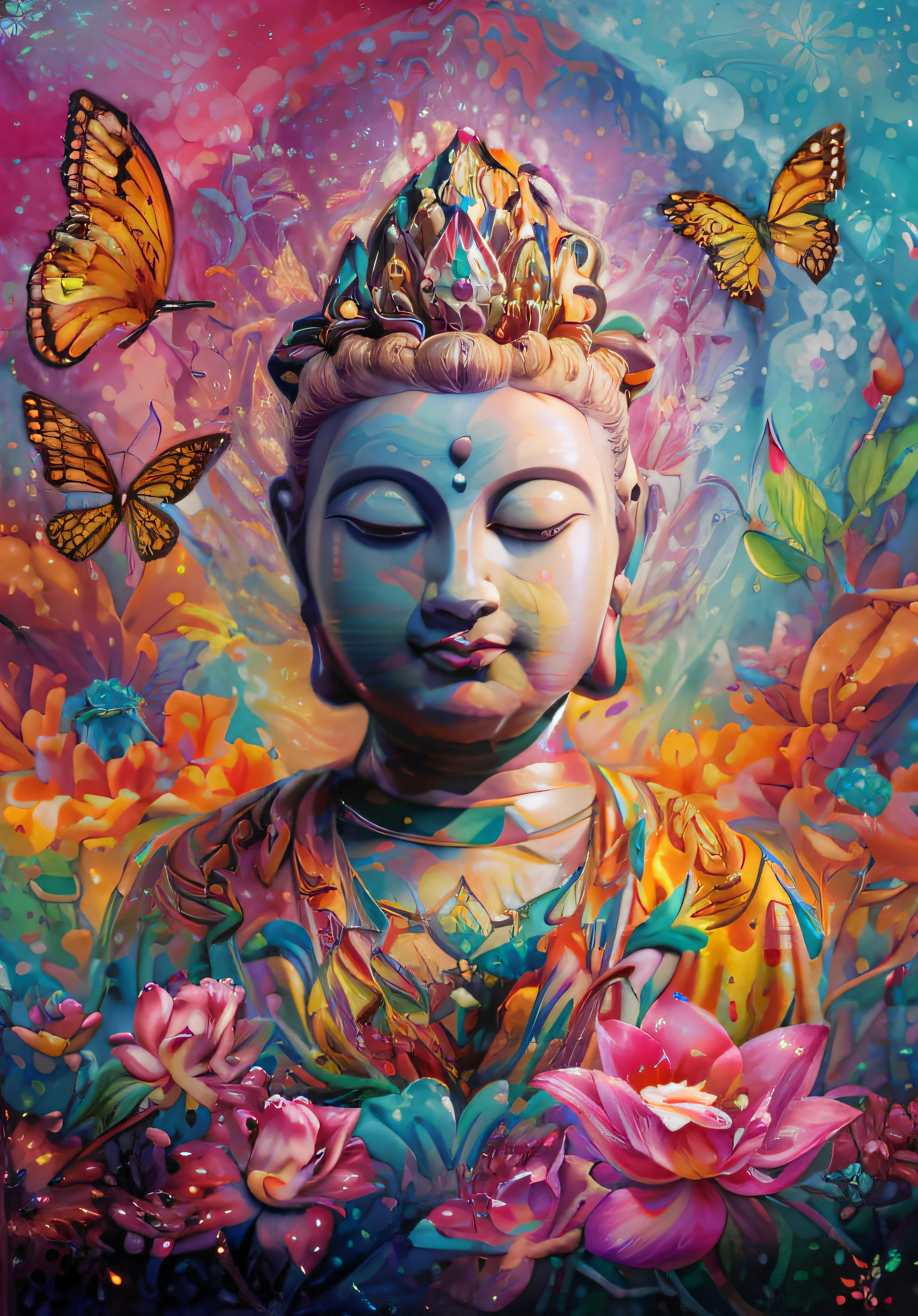 Uma pintura de um Buda colorido com borboletas voando ao seu redor e lindas flores, O Buda, budismo, Buda, Arte bonita UHD 4K, cheio de cores e detalhes ricos, Obra-prima colorida e intrincada, obra-prima obra de arte, Jen Bartel, contre-jours, Arte de Alessandro Pautasso, Directed by: Nicholas Marsicano, Deusa do amor e da paz, Samsara, Directed by: Jason Benjamin